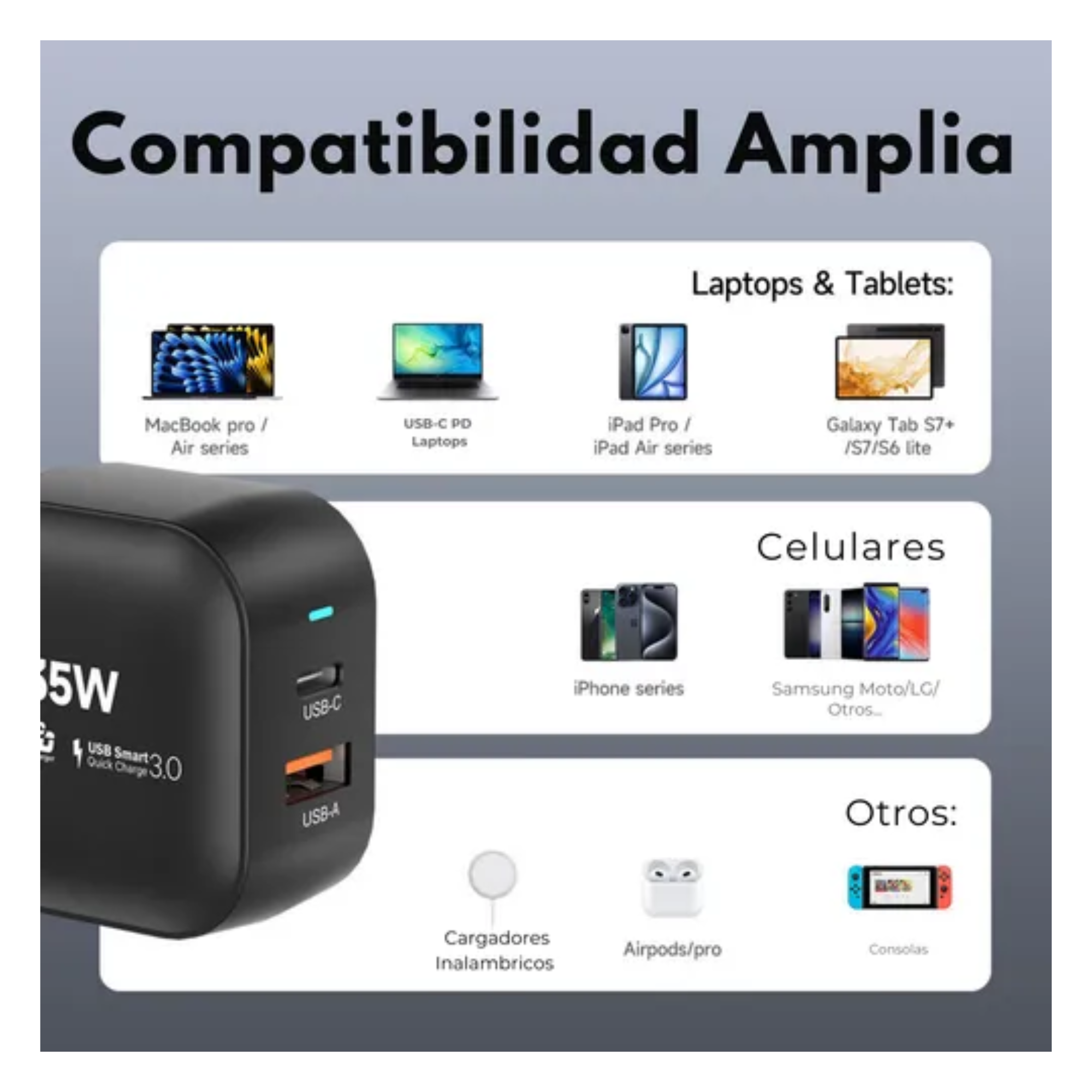 Cubo Adaptador De Corriente Power Cube Cargador Carga Ultra Rápida Pd Qc Gan 35w, 2 Puertos, Usb-c, Usb-a