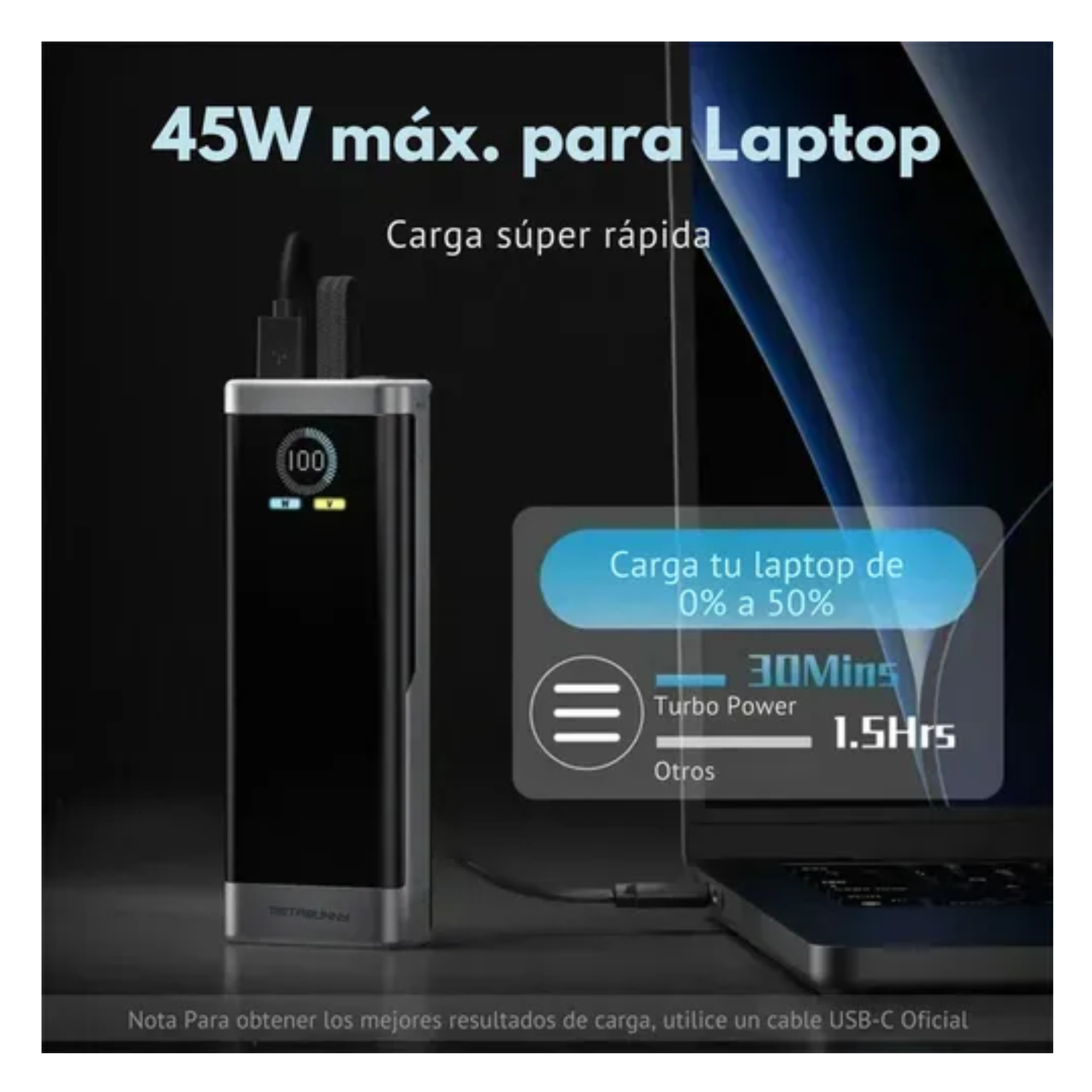 Power Bank 20,000mah 45w Turbo Power Compacta, Carga Super Rapida, Portatil, Usb-c,, Permitida Vuelos,Negro Espacial.