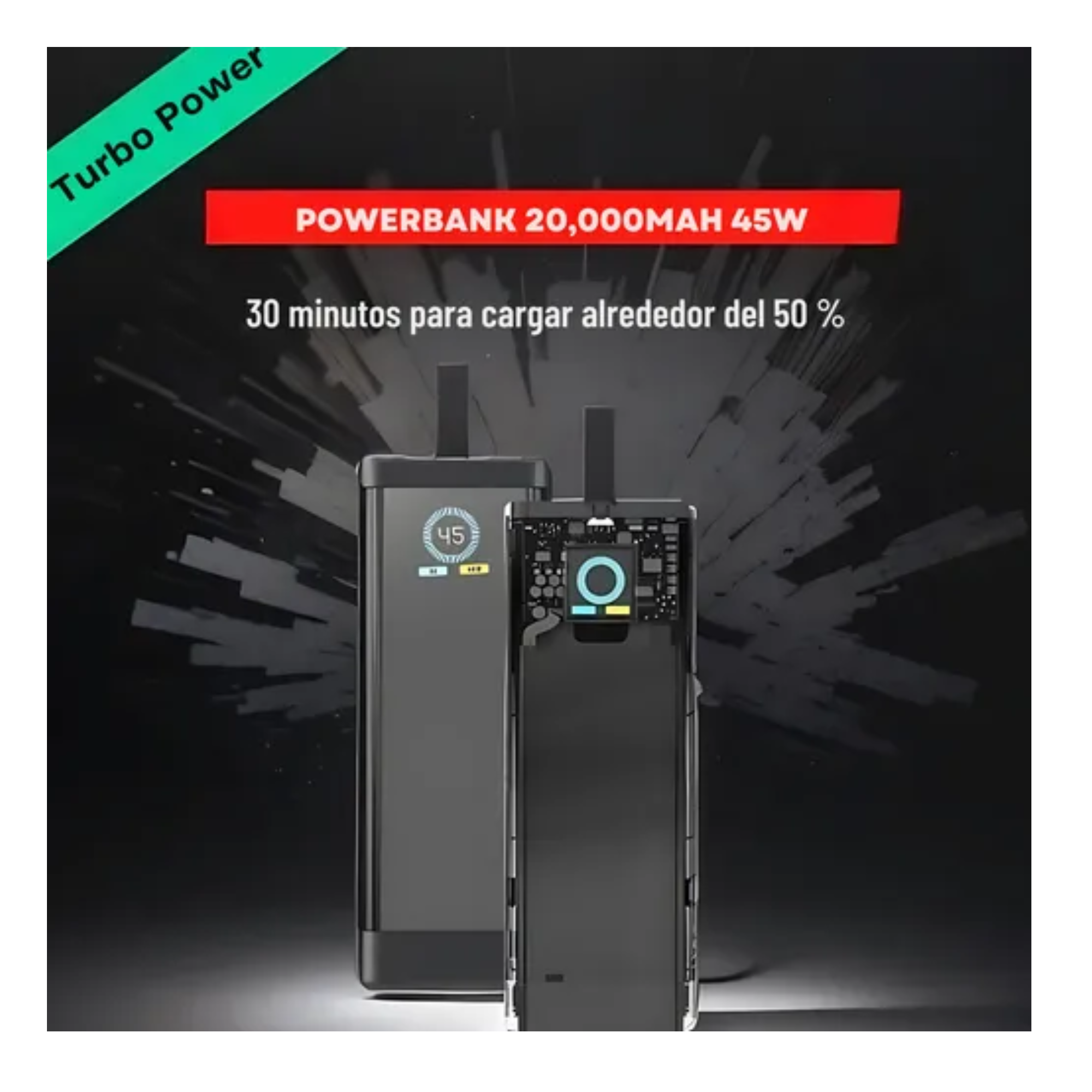 Power Bank 20,000mah 45w Turbo Power Compacta, Carga Super Rapida, Portatil, Usb-c,, Permitida Vuelos,Negro Espacial.