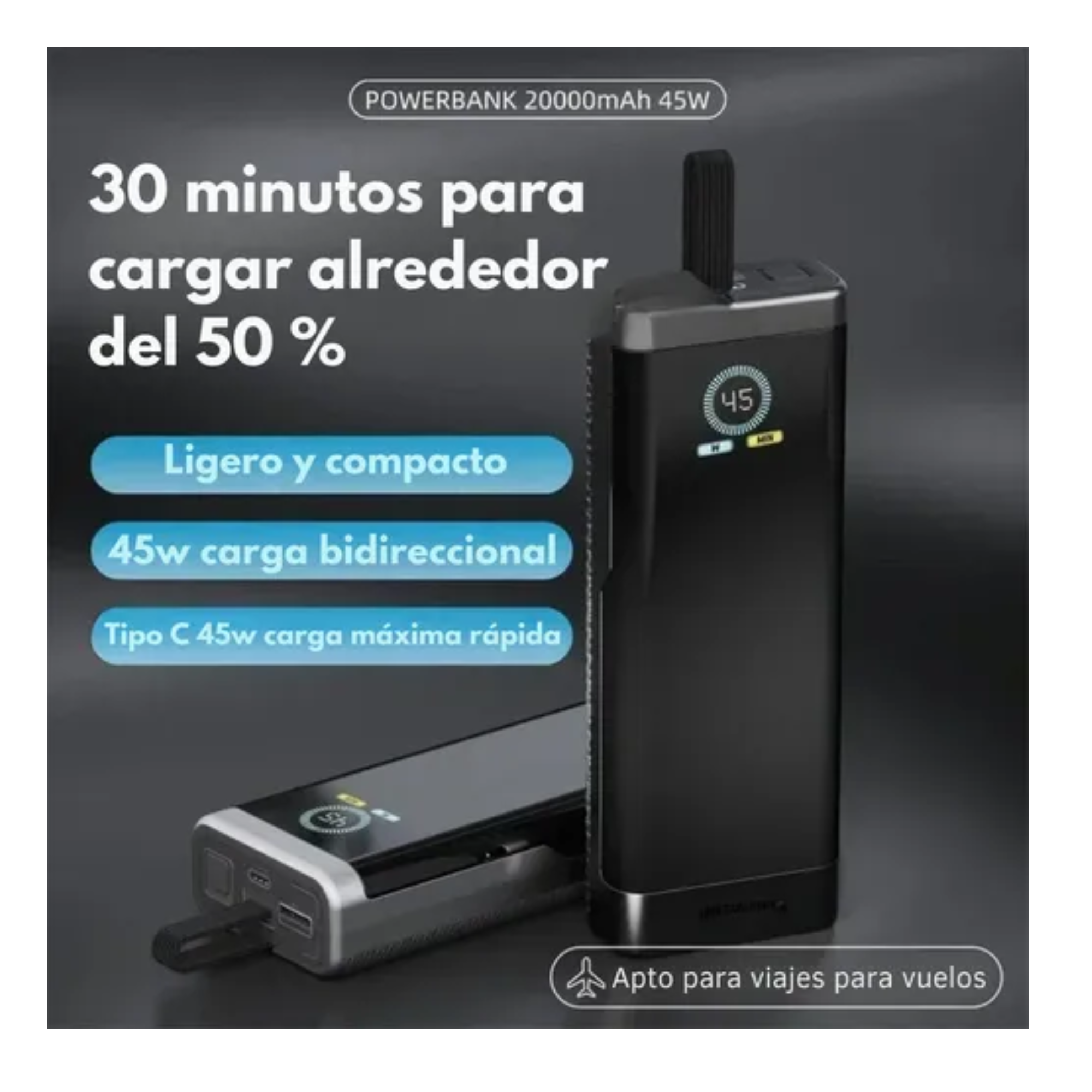 Power Bank 20,000mah 45w Turbo Power Compacta, Carga Super Rapida, Portatil, Usb-c,, Permitida Vuelos,Negro Espacial.
