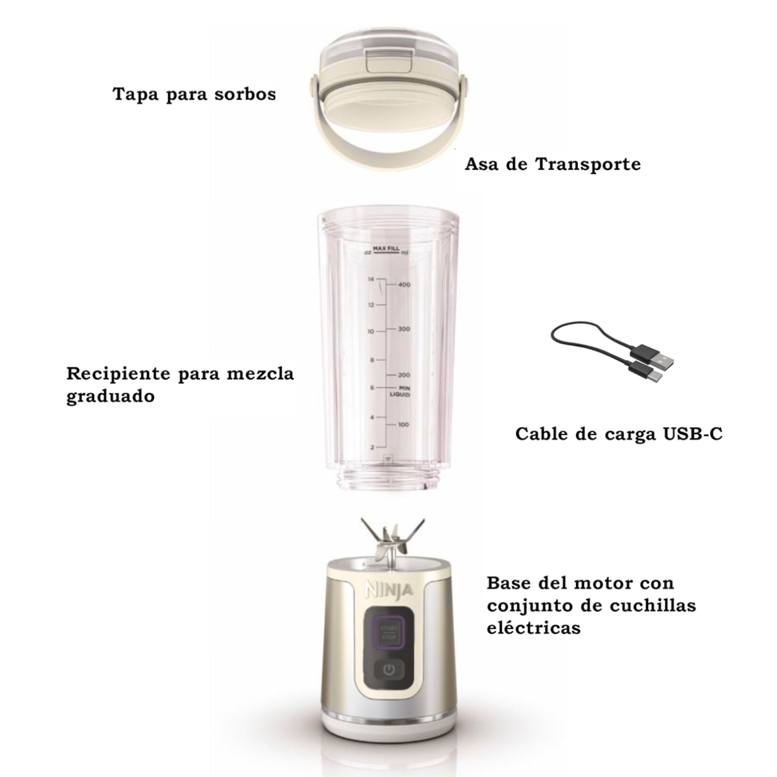 Licuadora Ninja Blast Portátil Recargable para Smoothies Batidos 532ml Vainilla Metálica (Reacondicionada con Garantía)