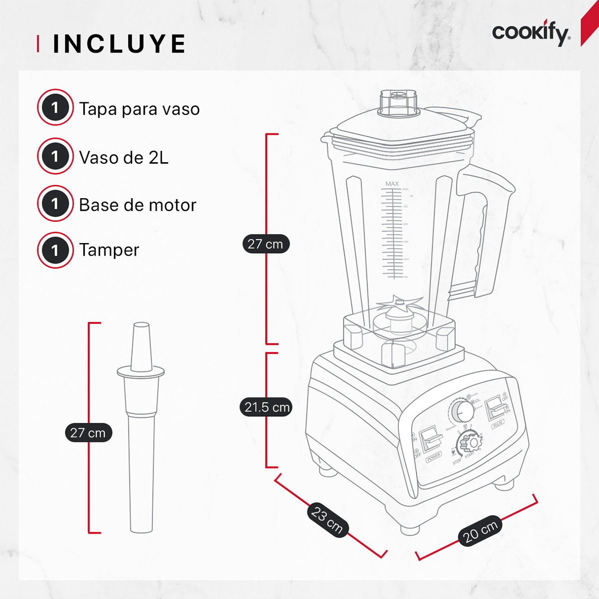 Licuadora Profesional Para Uso Rudo De 2 L + Tamper Cookify.