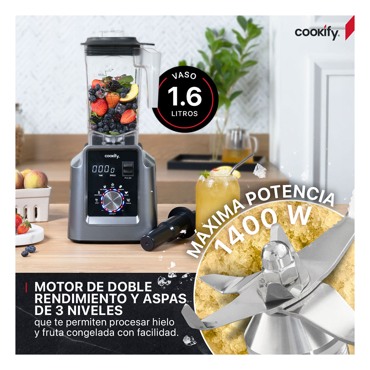 Licuadora Profesional Para Uso Rudo Digital De 1.6 L + Tamper Cookify.