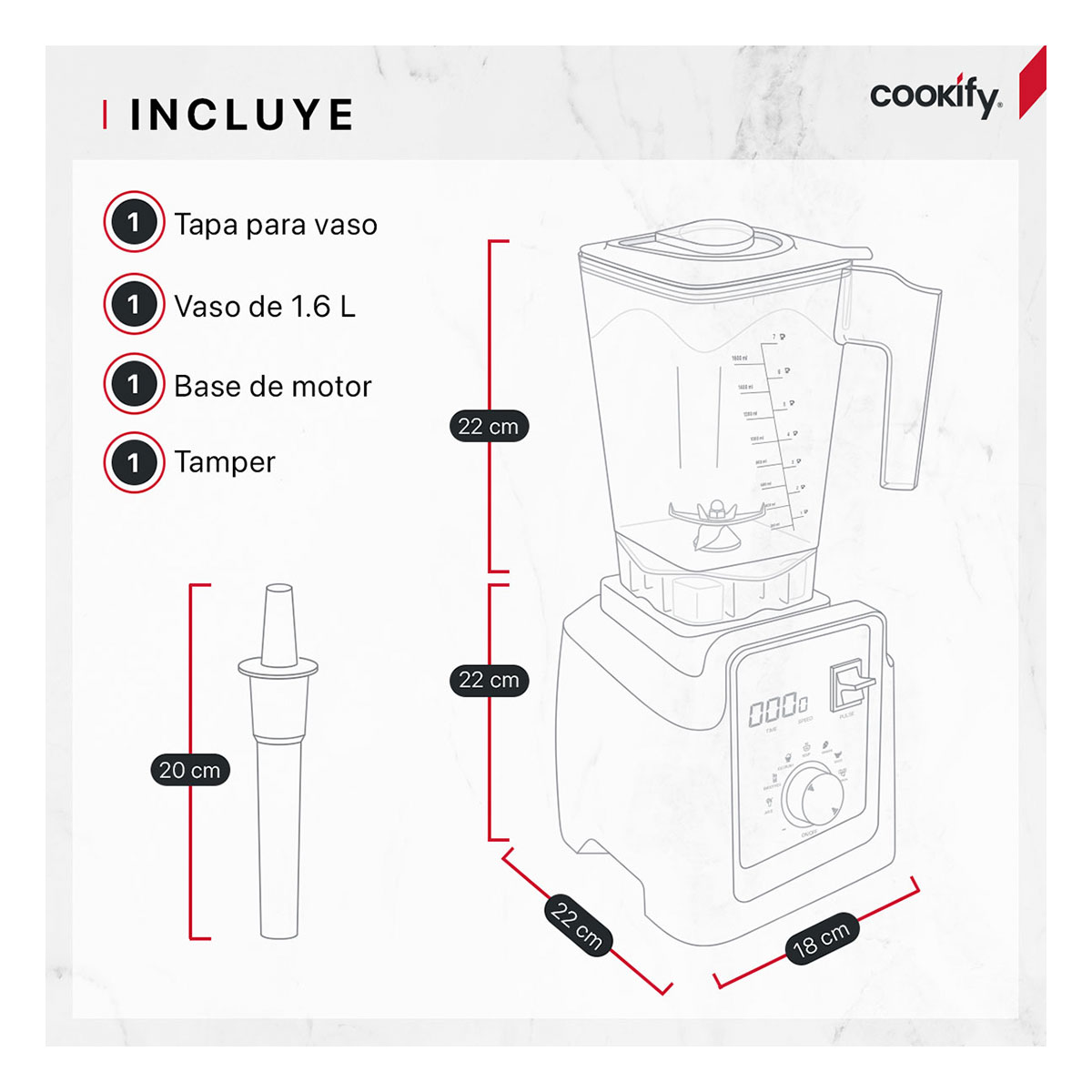 Licuadora Profesional Para Uso Rudo Digital De 1.6 L + Tamper Cookify.