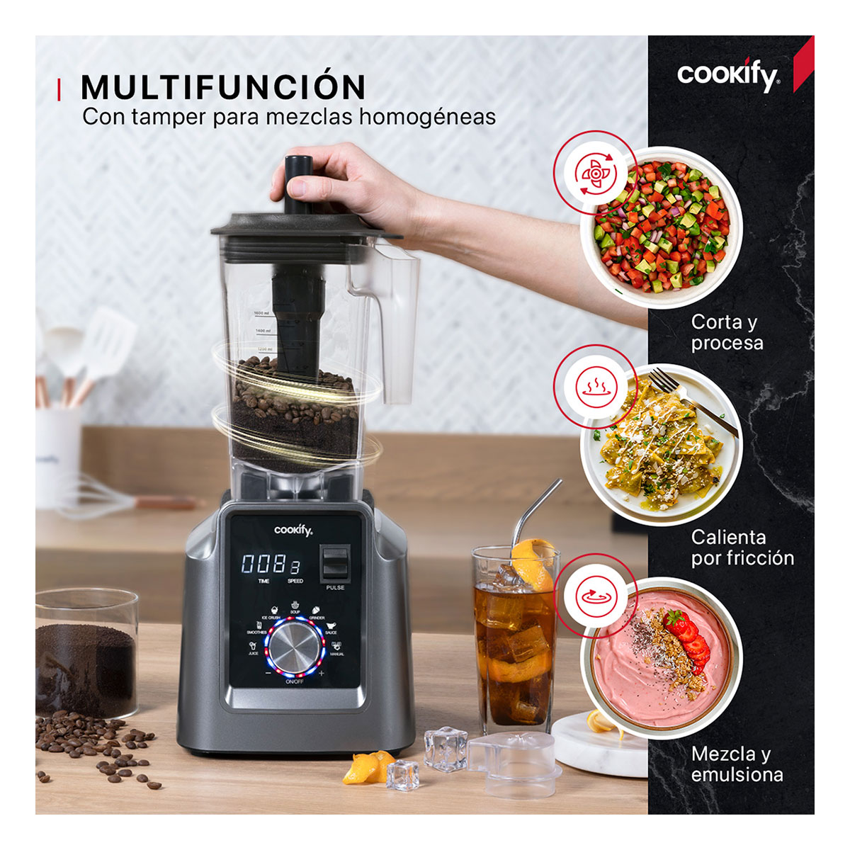 Licuadora Profesional Para Uso Rudo Digital De 1.6 L + Tamper Cookify.