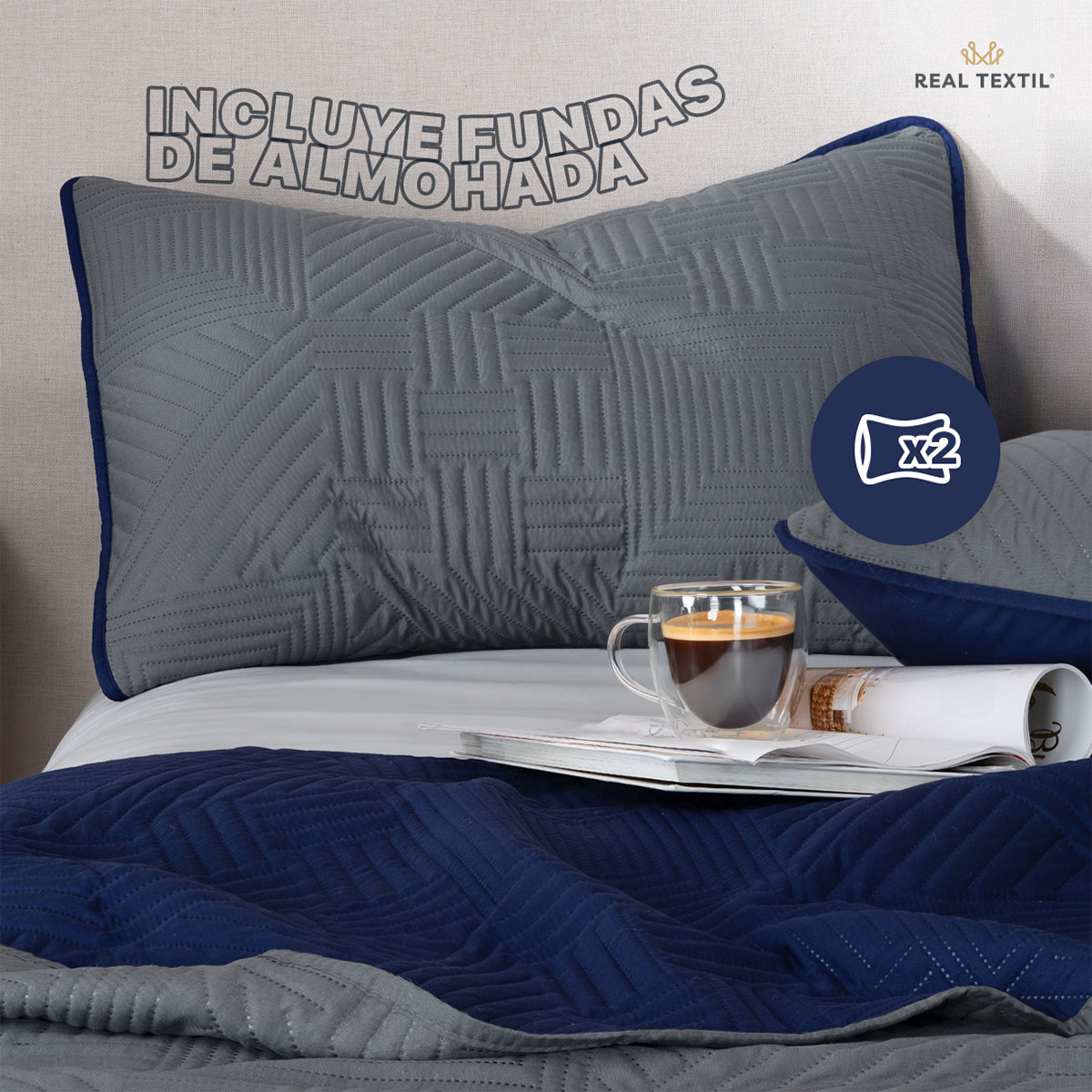 Edredón Ligero Matrimonial Doble Vista con Fundas Azul Marino - Gris Oscuro REAL TEXTIL.