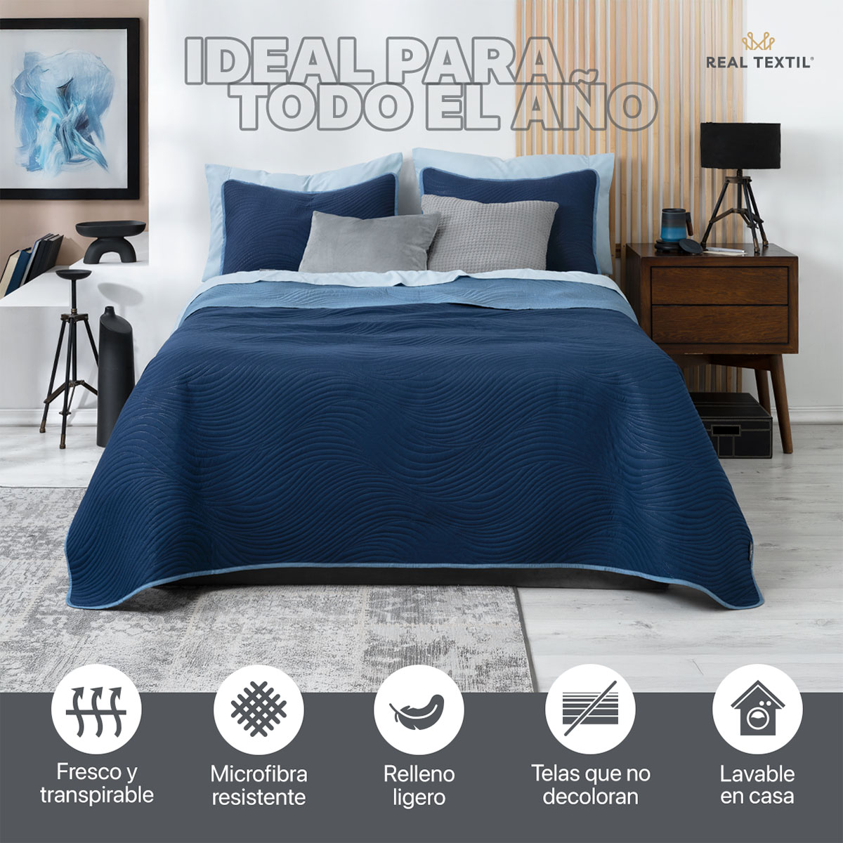 Edredón Ligero King Size Doble Vista con Fundas Azul Marino - Azul REAL TEXTIL