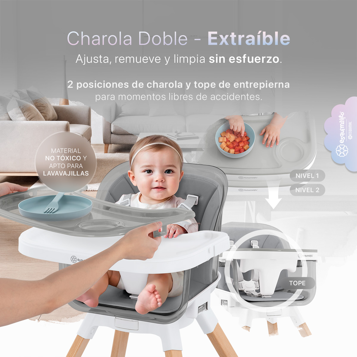 Periquera para Bebé 3 en 1, Silla Alta con Charola Desmontable, Asiento 360°, Altura Ajustable, Color Gris Esquimal