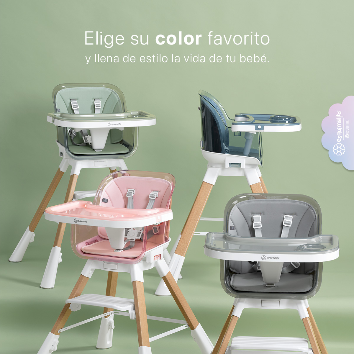 Periquera para Bebé 3 en 1, Silla Alta con Charola Desmontable, Asiento 360°, Altura Ajustable, Color Gris Esquimal