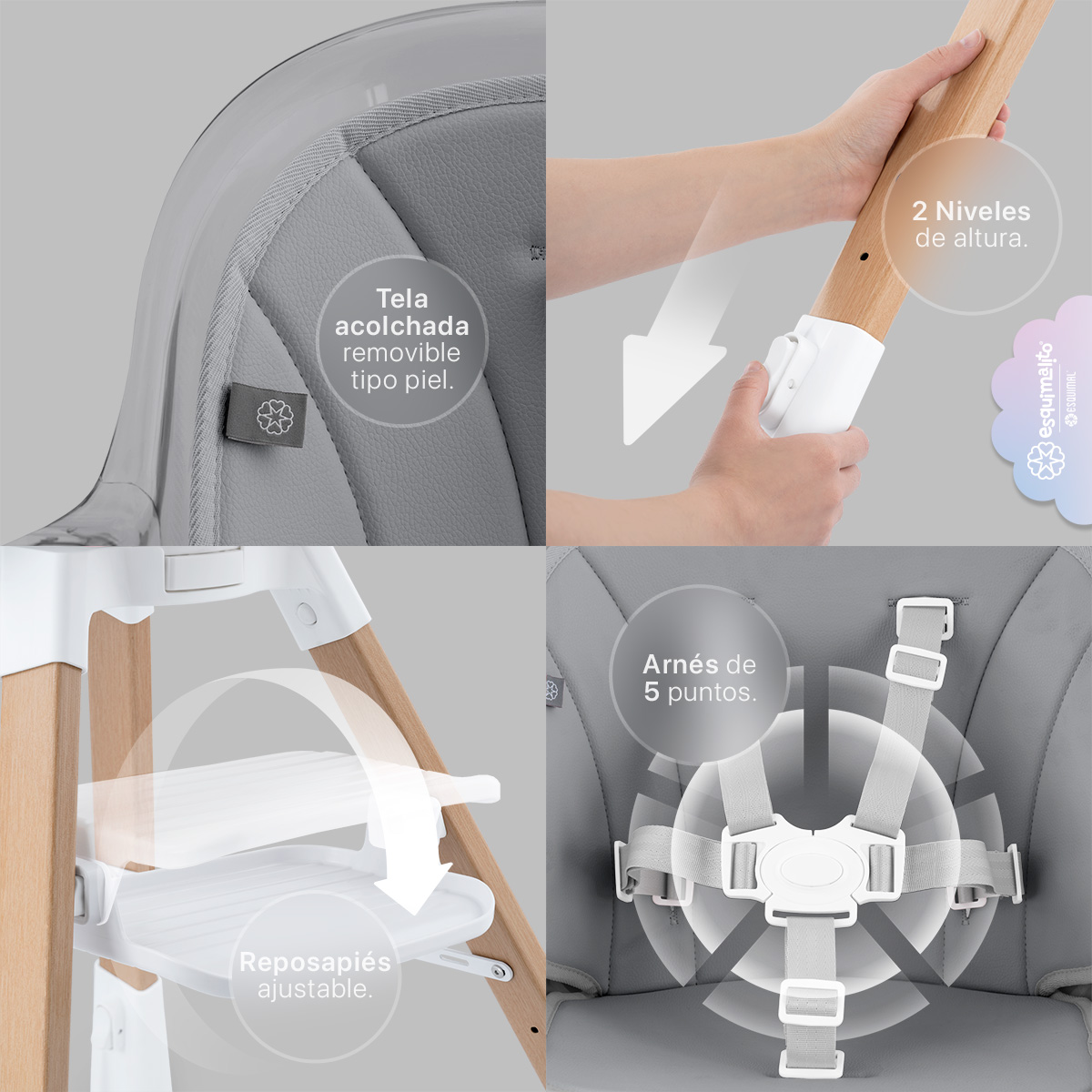 Periquera para Bebé 3 en 1, Silla Alta con Charola Desmontable, Asiento 360°, Altura Ajustable, Color Gris Esquimal