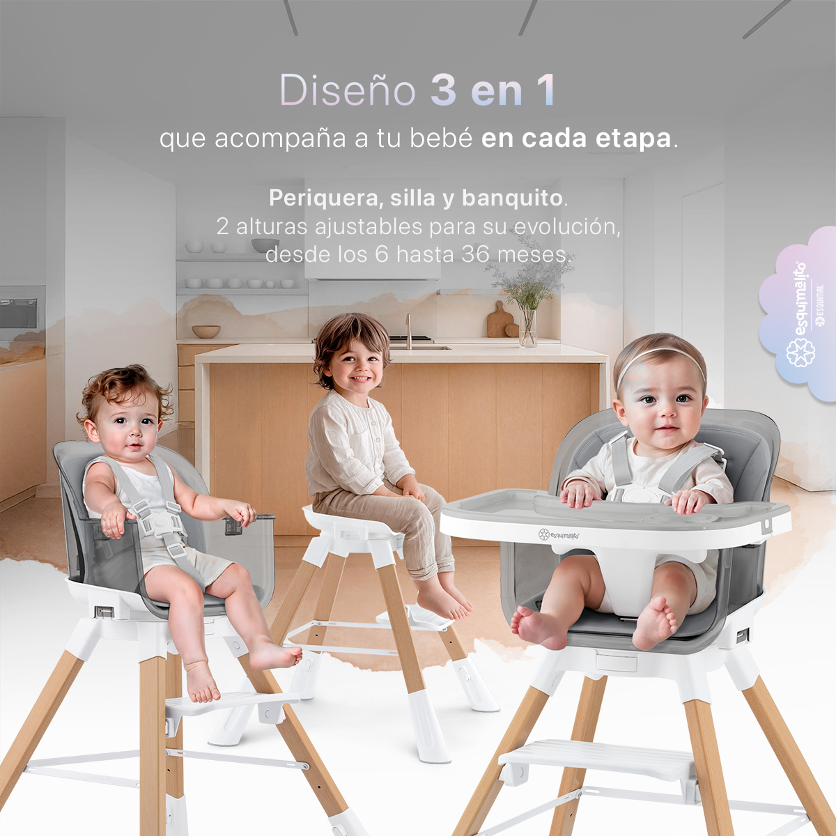 Periquera para Bebé 3 en 1, Silla Alta con Charola Desmontable, Asiento 360°, Altura Ajustable, Color Gris Esquimal