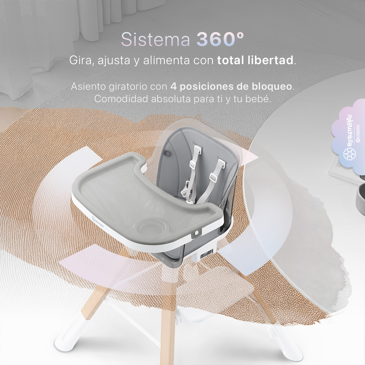 Periquera para Bebé 3 en 1, Silla Alta con Charola Desmontable, Asiento 360°, Altura Ajustable, Color Gris Esquimal