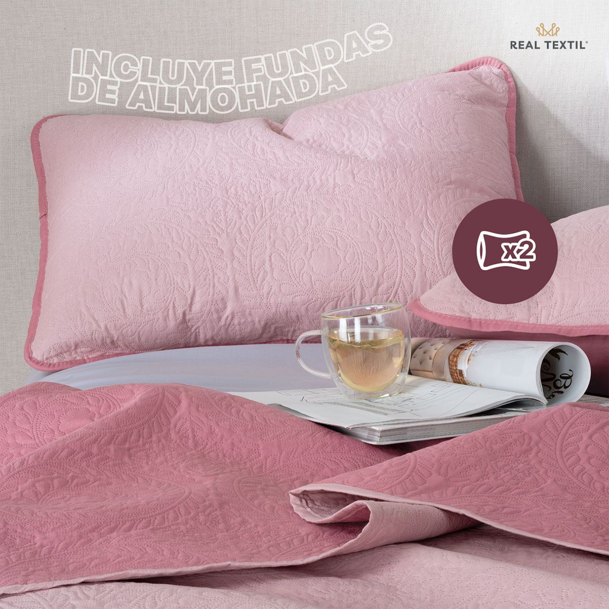 Edredón Ligero Queen Size Doble Vista con Funda Rosa Oscuro - Rosa REAL TEXTIL.