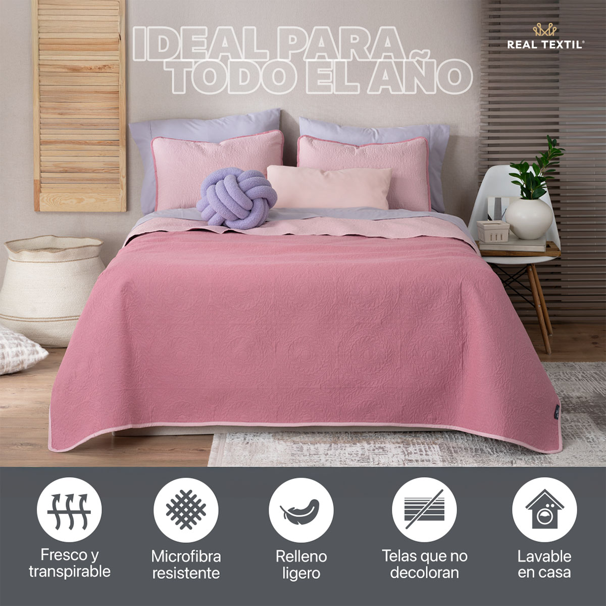 Edredón Ligero Queen Size Doble Vista con Funda Rosa Oscuro - Rosa REAL TEXTIL.