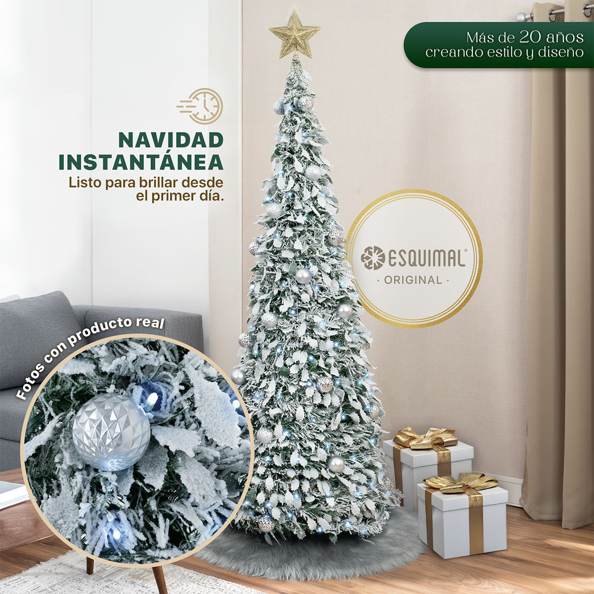 Árbol de Navidad Nevado Tipo Lápiz 1.80m Plegable + 150 Luces LED, 8 Modos, Estrella y 35 Esferas Plateadas Esquimal