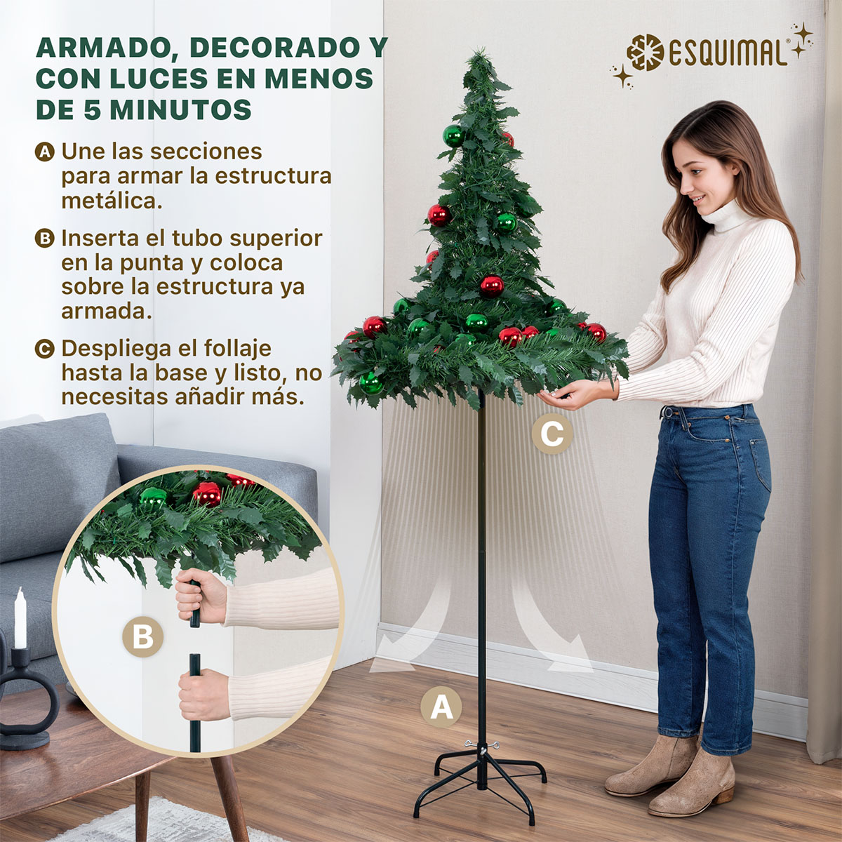 Árbol de Navidad Nevado Tipo Lápiz 1.80m Plegable + 150 Luces LED,8 Modos, Estrella y 35 Esferas Verdes y Rojas Esquimal