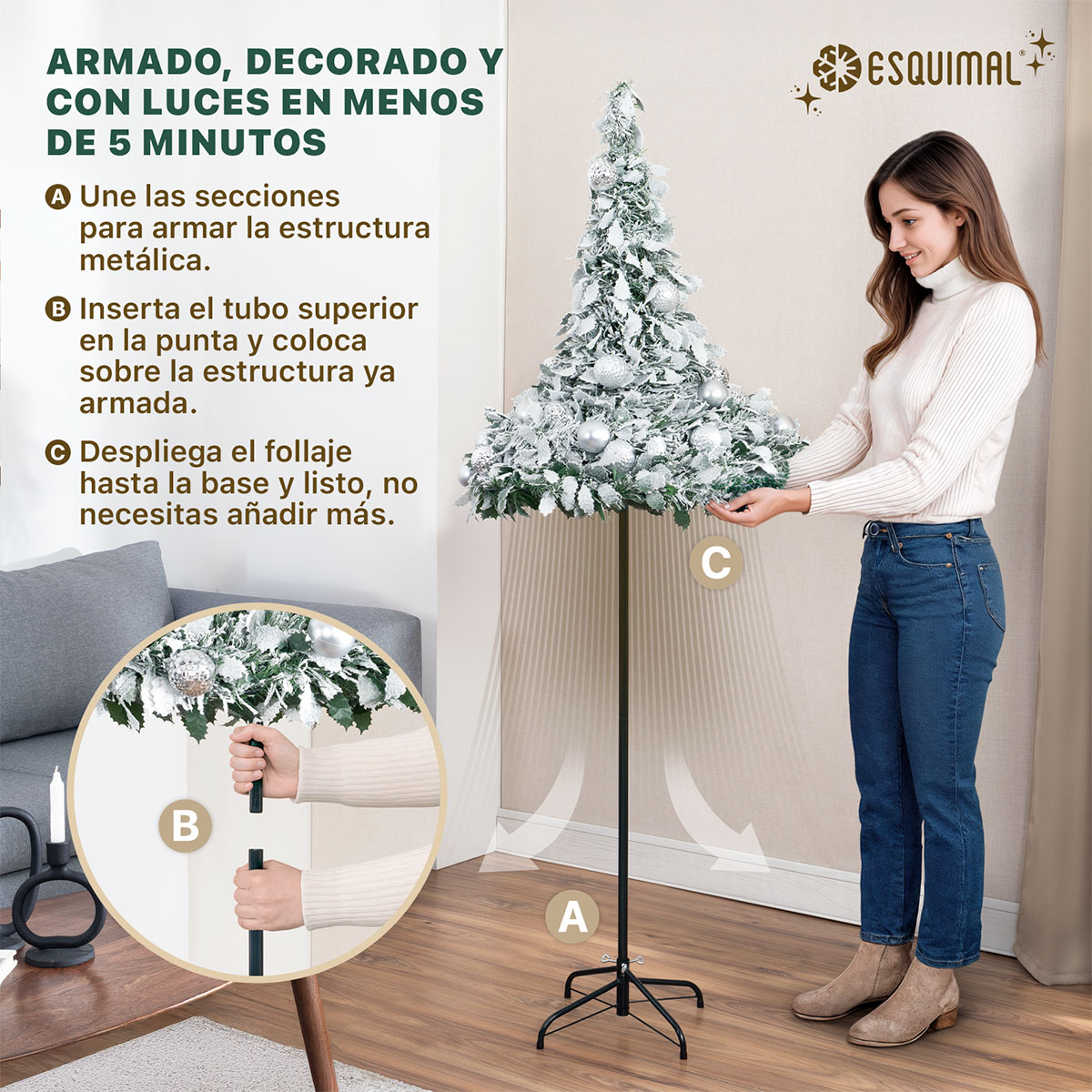 Árbol de Navidad Nevado Tipo Lápiz 1.80m Plegable + 150 Luces LED, 8 Modos, Estrella y 35 Esferas Plateadas Esquimal