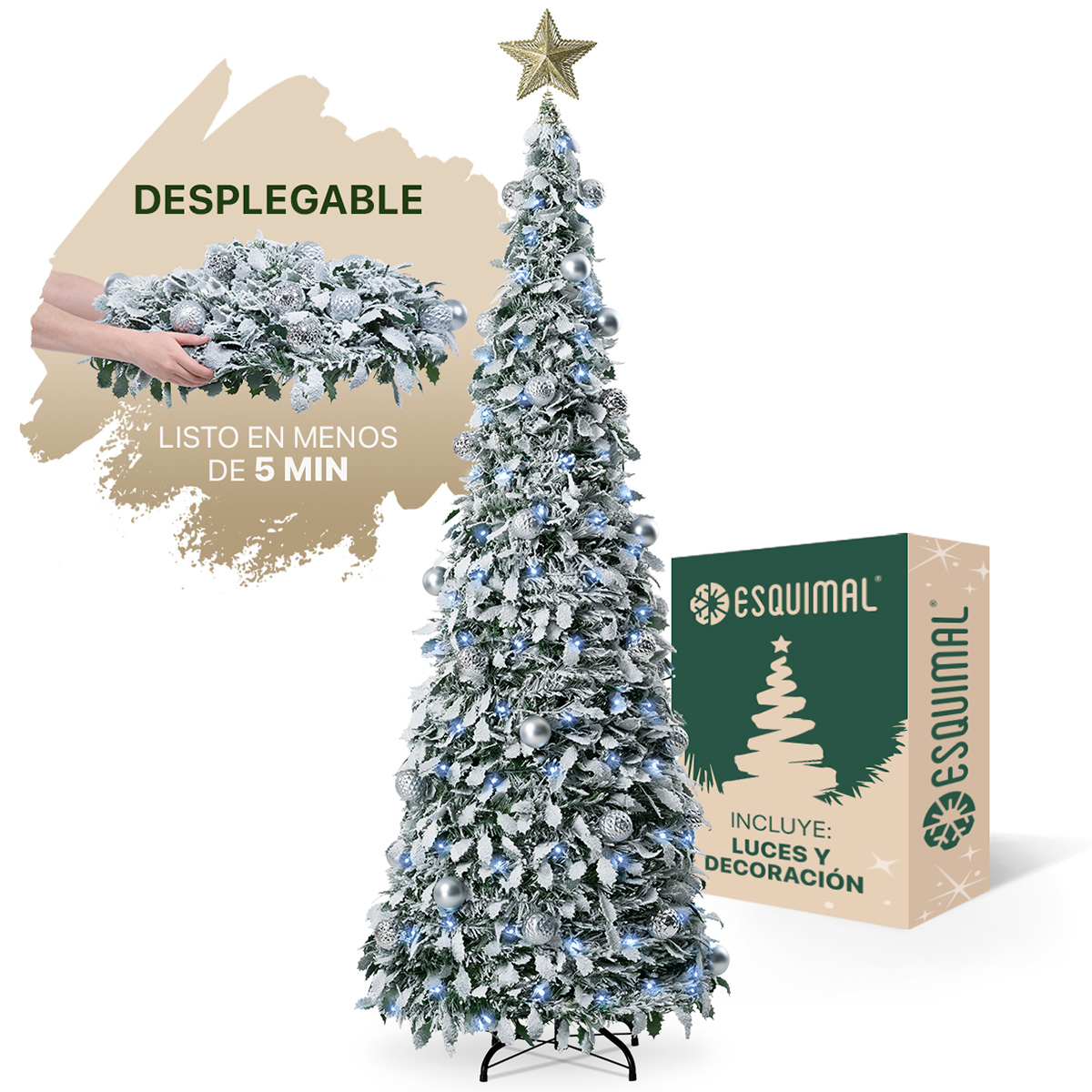 Árbol de Navidad Nevado Tipo Lápiz 1.80m Plegable + 150 Luces LED, 8 Modos, Estrella y 35 Esferas Plateadas Esquimal