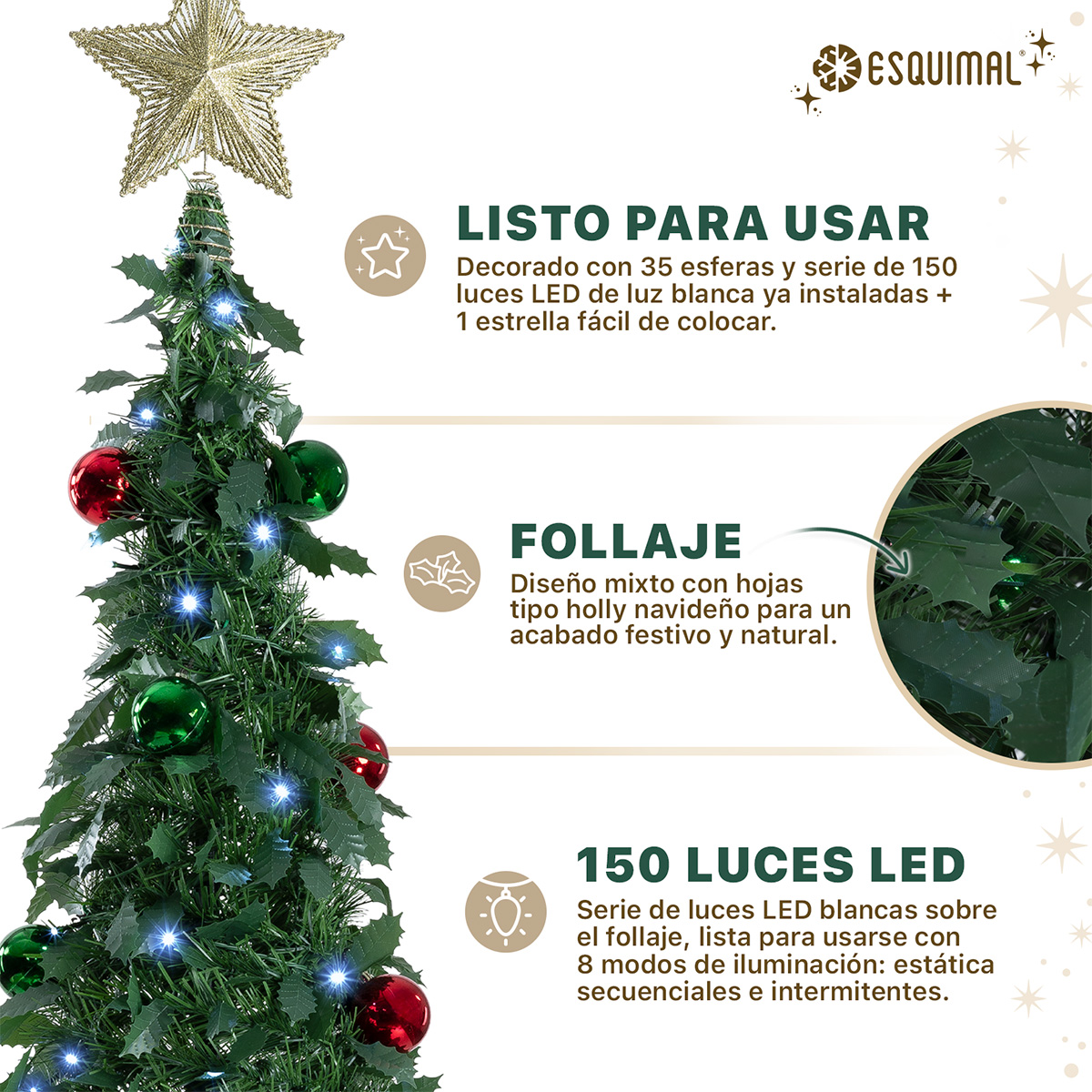Árbol de Navidad Nevado Tipo Lápiz 1.80m Plegable + 150 Luces LED,8 Modos, Estrella y 35 Esferas Verdes y Rojas Esquimal