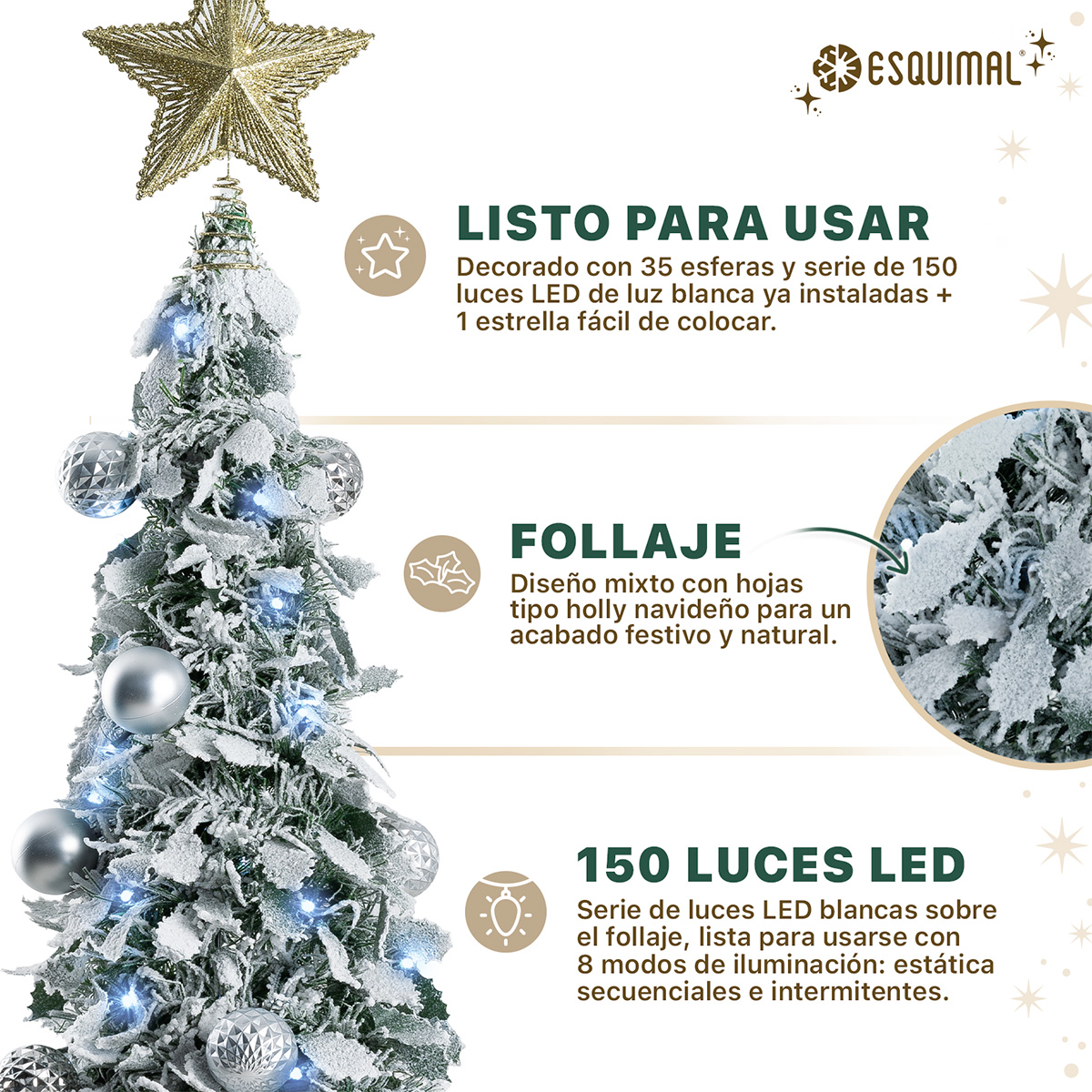 Árbol de Navidad Nevado Tipo Lápiz 1.80m Plegable + 150 Luces LED, 8 Modos, Estrella y 35 Esferas Plateadas Esquimal
