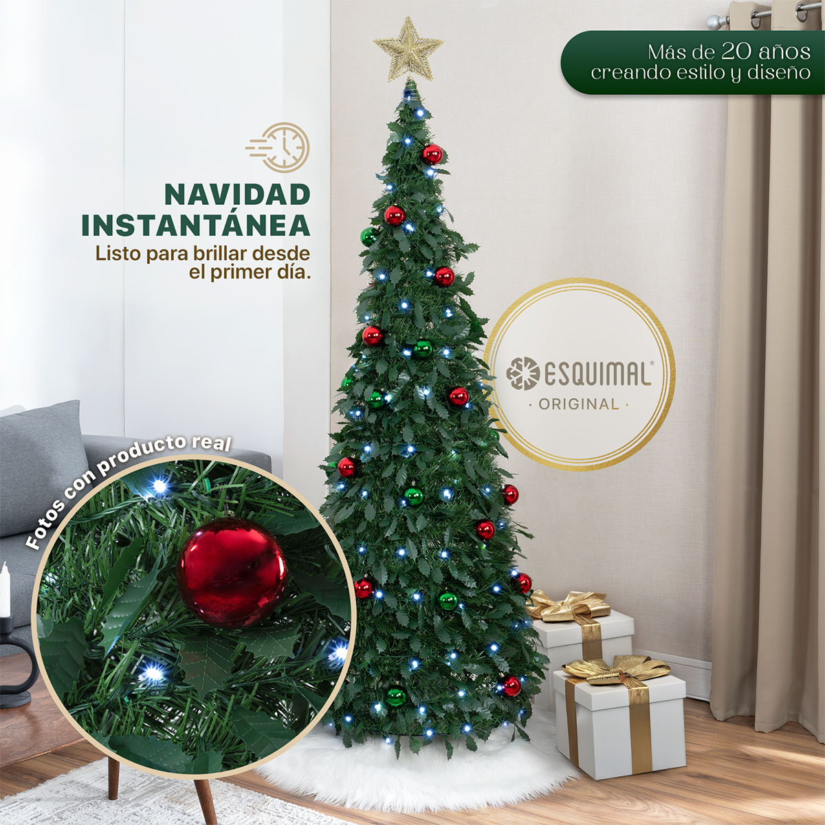Árbol de Navidad Nevado Tipo Lápiz 1.80m Plegable + 150 Luces LED,8 Modos, Estrella y 35 Esferas Verdes y Rojas Esquimal