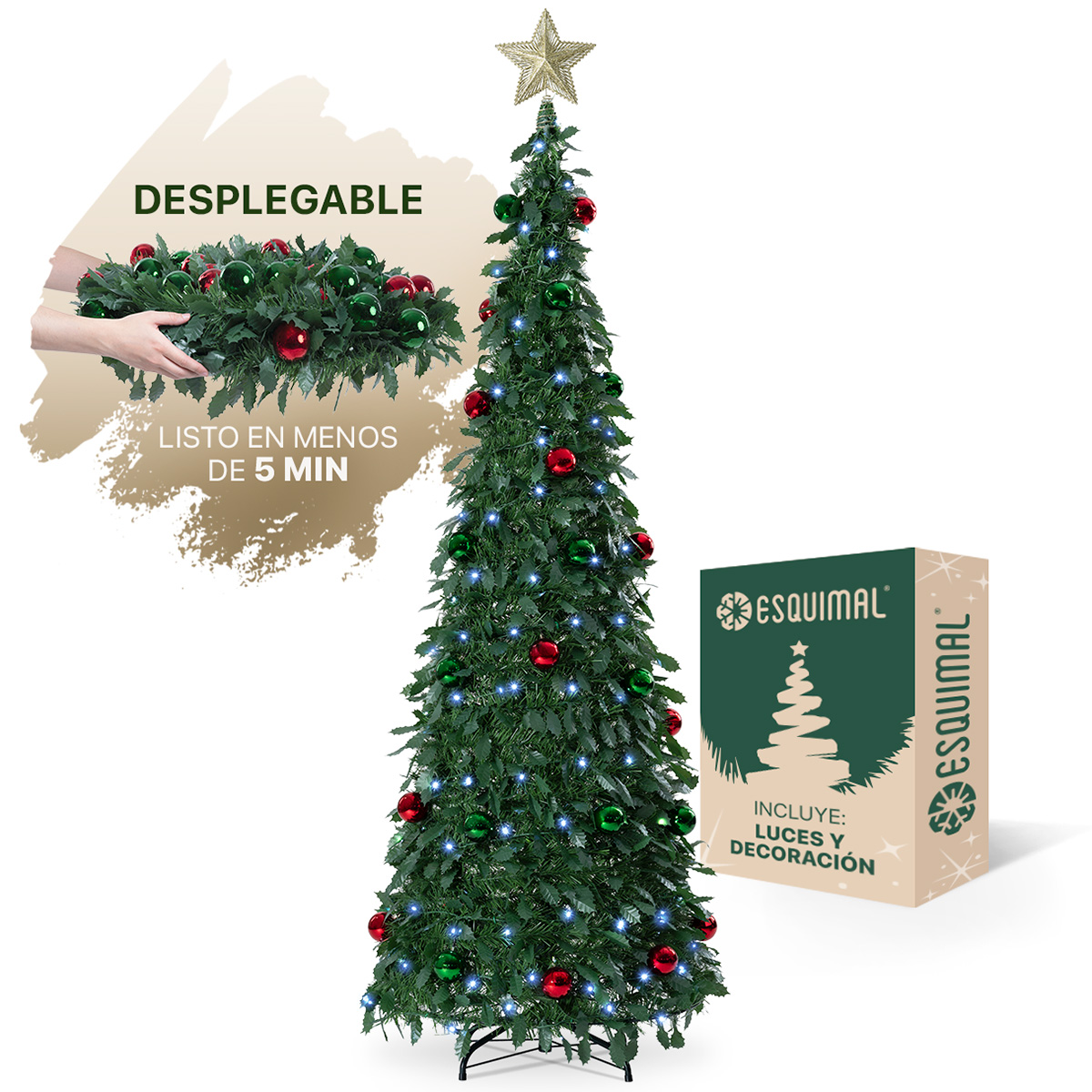 Árbol de Navidad Nevado Tipo Lápiz 1.80m Plegable + 150 Luces LED,8 Modos, Estrella y 35 Esferas Verdes y Rojas Esquimal