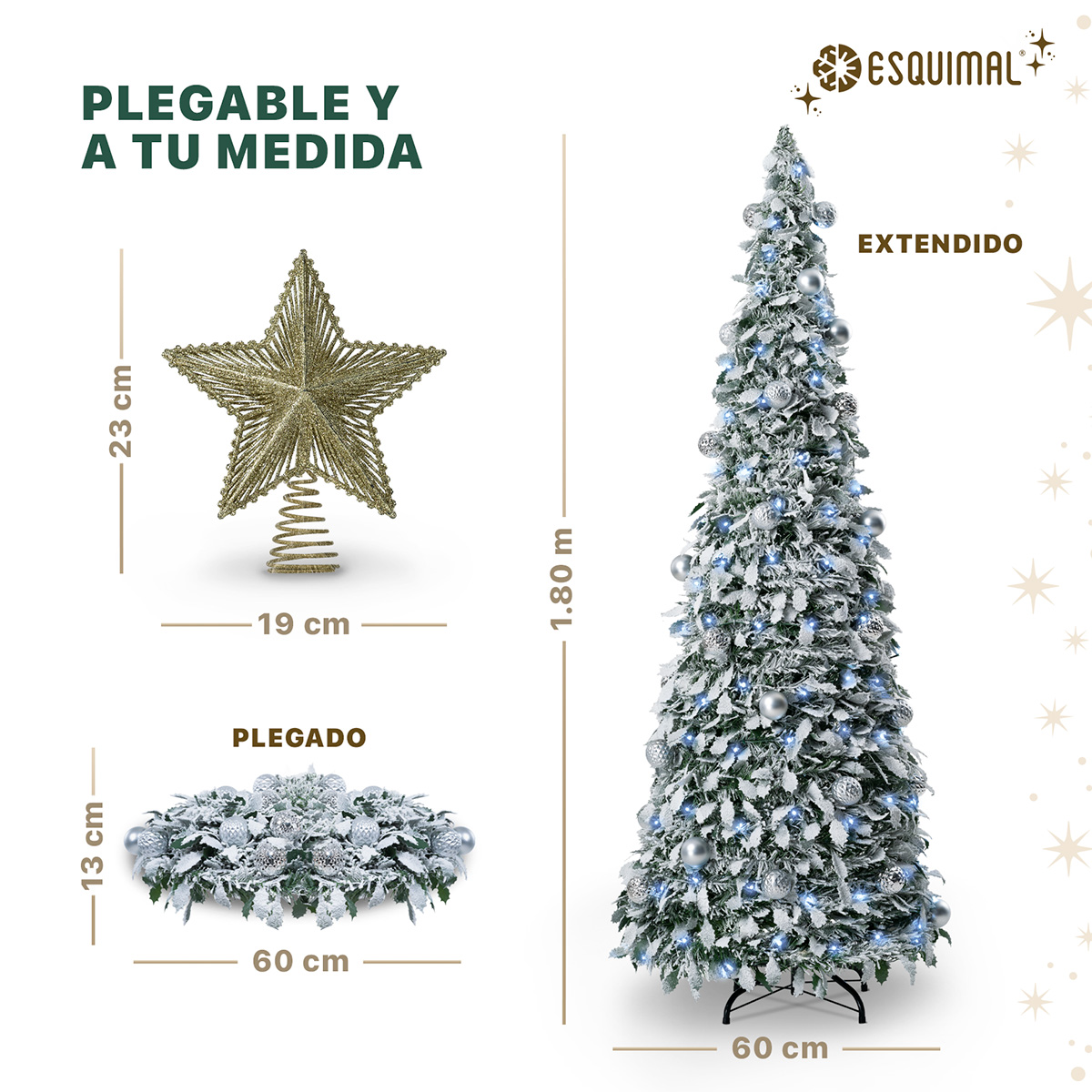 Árbol de Navidad Nevado Tipo Lápiz 1.80m Plegable + 150 Luces LED, 8 Modos, Estrella y 35 Esferas Plateadas Esquimal