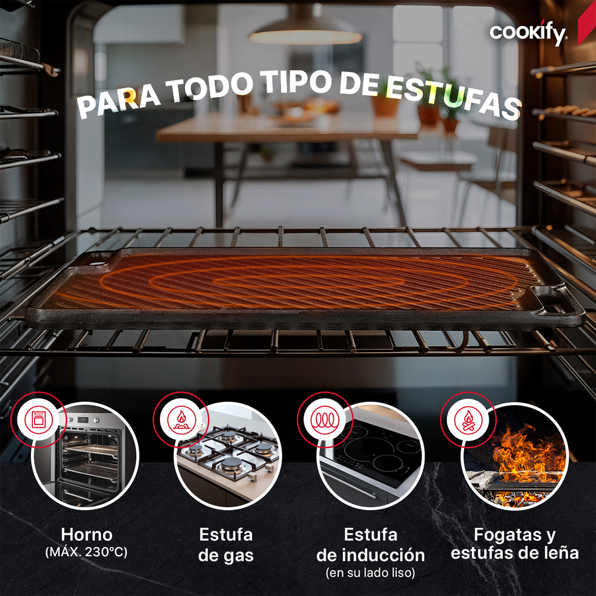 Plancha / Parrilla Grill Reversible  de Hierro Fundido para Estufa, Horno o Fogata + Guantes Silicona. Cookify.