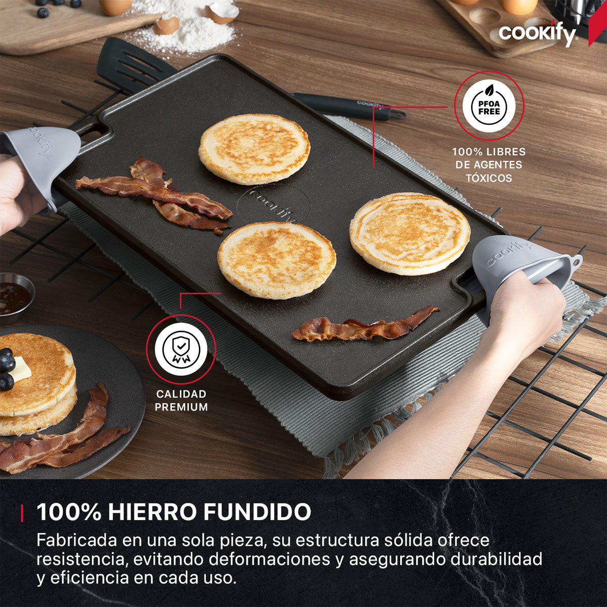 Plancha / Parrilla Grill Reversible  de Hierro Fundido para Estufa, Horno o Fogata + Guantes Silicona. Cookify.