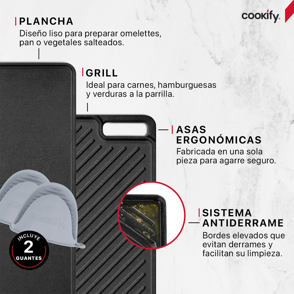 Plancha / Parrilla Grill Reversible  de Hierro Fundido para Estufa, Horno o Fogata + Guantes Silicona. Cookify.