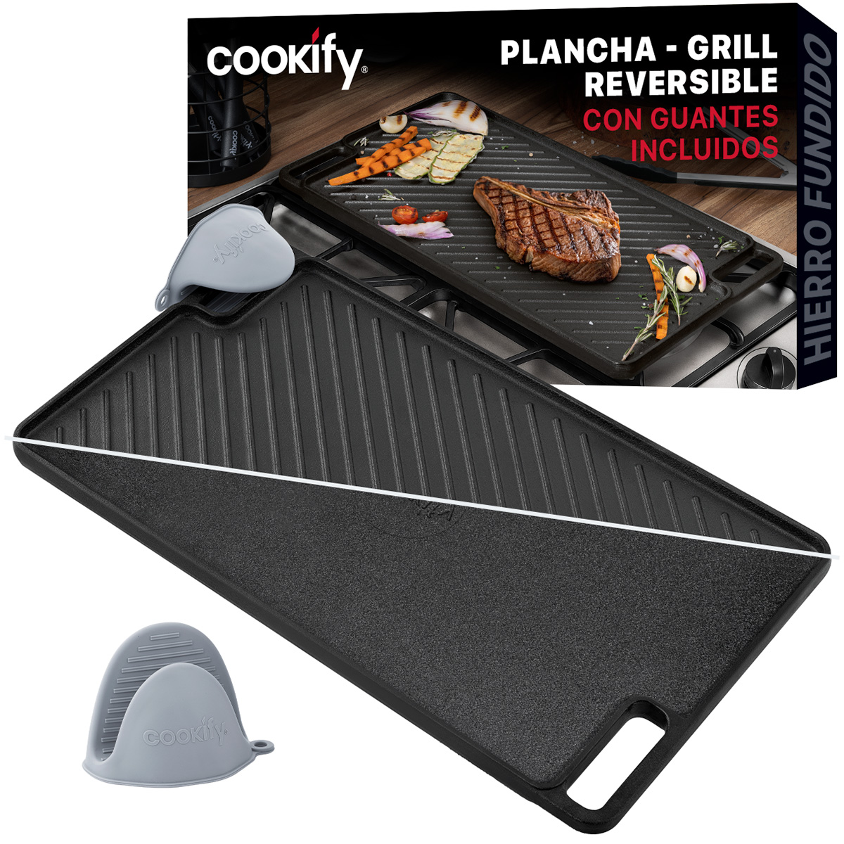 Plancha / Parrilla Grill Reversible  de Hierro Fundido para Estufa, Horno o Fogata + Guantes Silicona. Cookify.