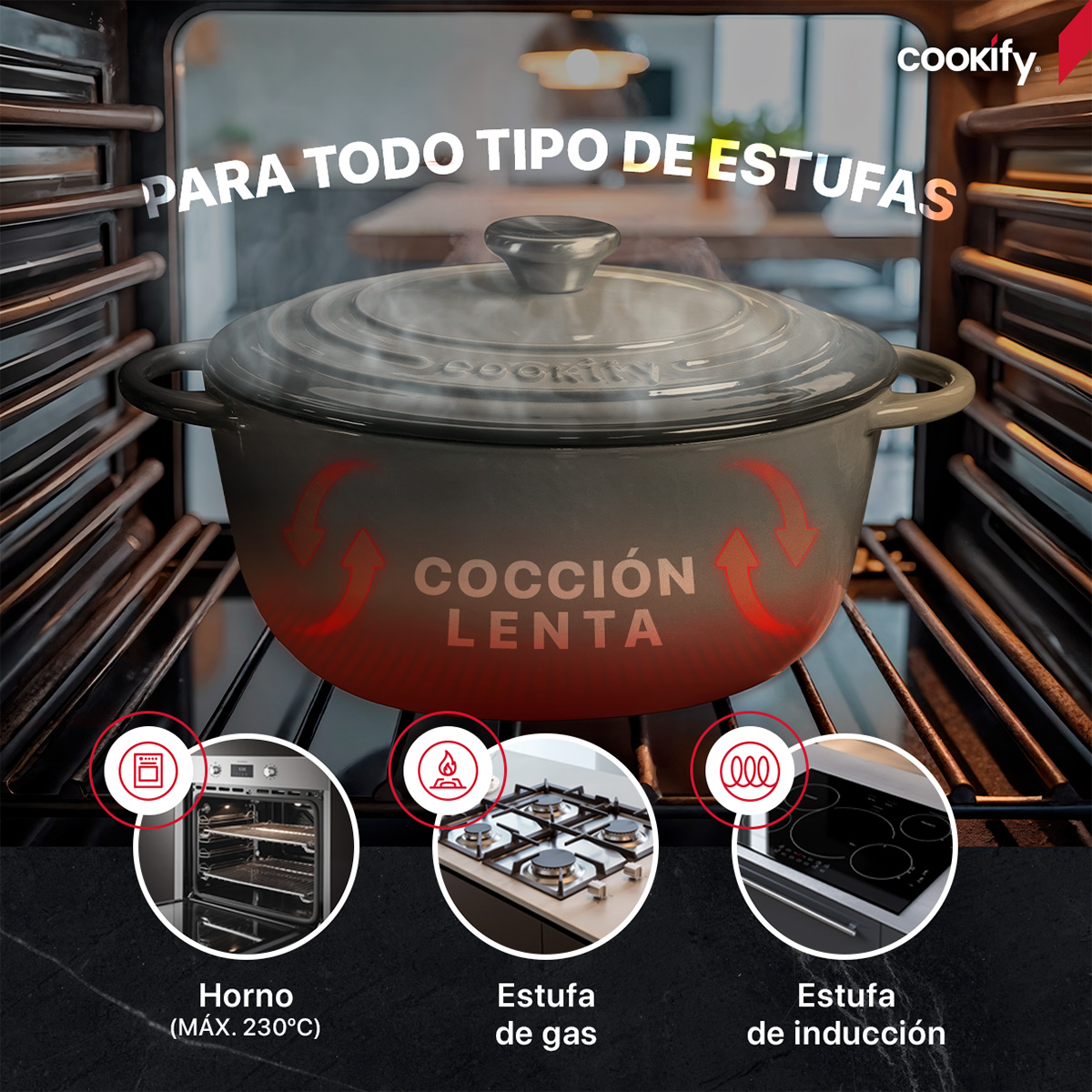 Horno Holandés Olla De Hierro Fundido Con Esmaltado 4 Lts Gris Cookify.