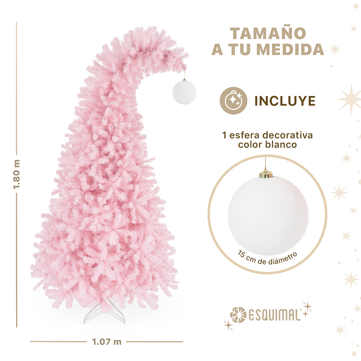  Árbol de Navidad Gorro de Santa Punta Flexible con Esfera 1.8m 1110 Ramas para Temporada Navideña Rosa ESQUIMAL