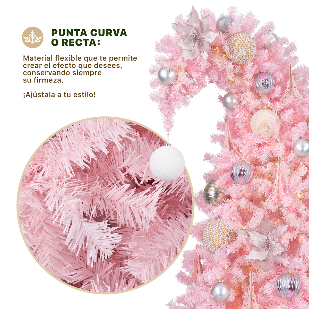  Árbol de Navidad Gorro de Santa Punta Flexible con Esfera 1.8m 1110 Ramas para Temporada Navideña Rosa ESQUIMAL