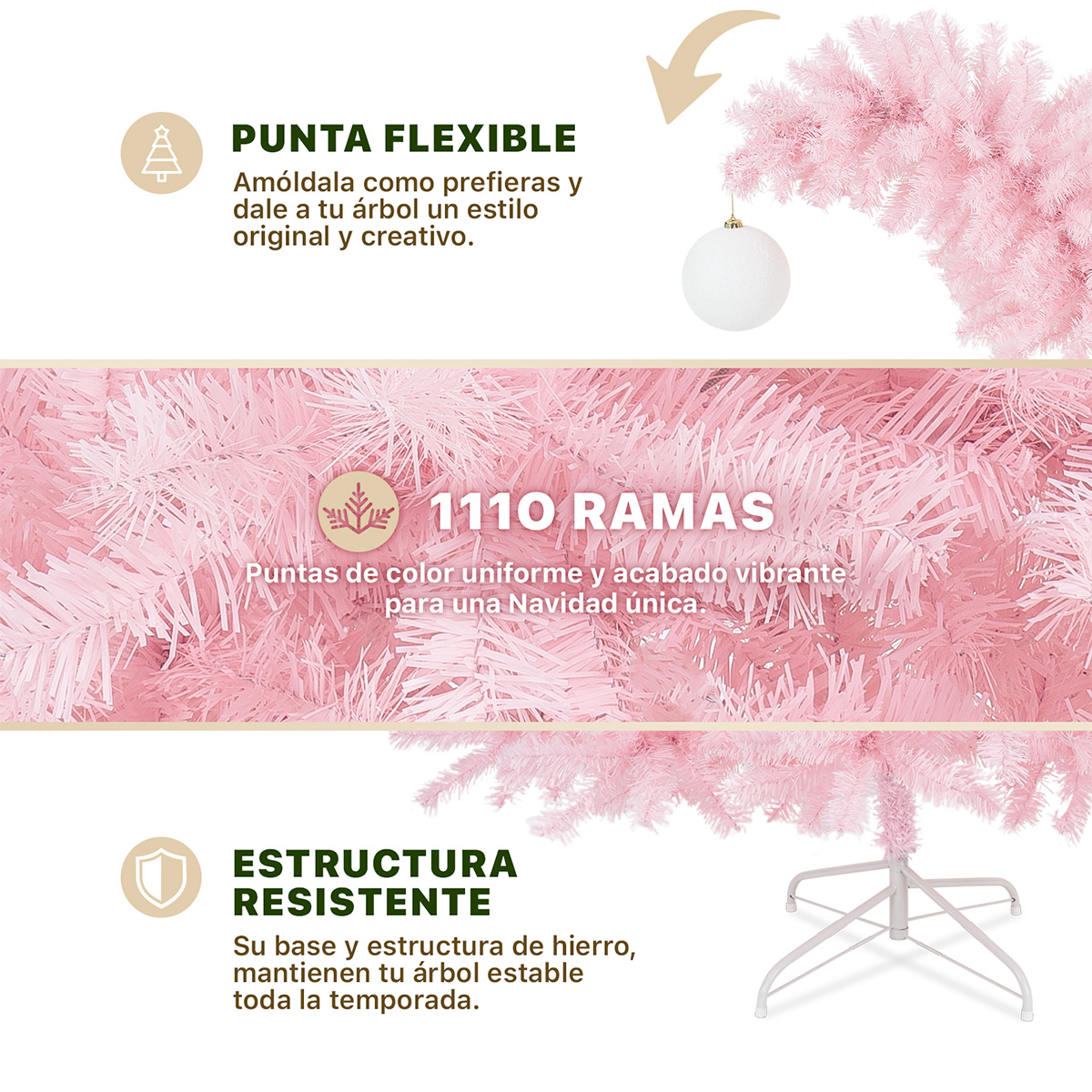  Árbol de Navidad Gorro de Santa Punta Flexible con Esfera 1.8m 1110 Ramas para Temporada Navideña Rosa ESQUIMAL