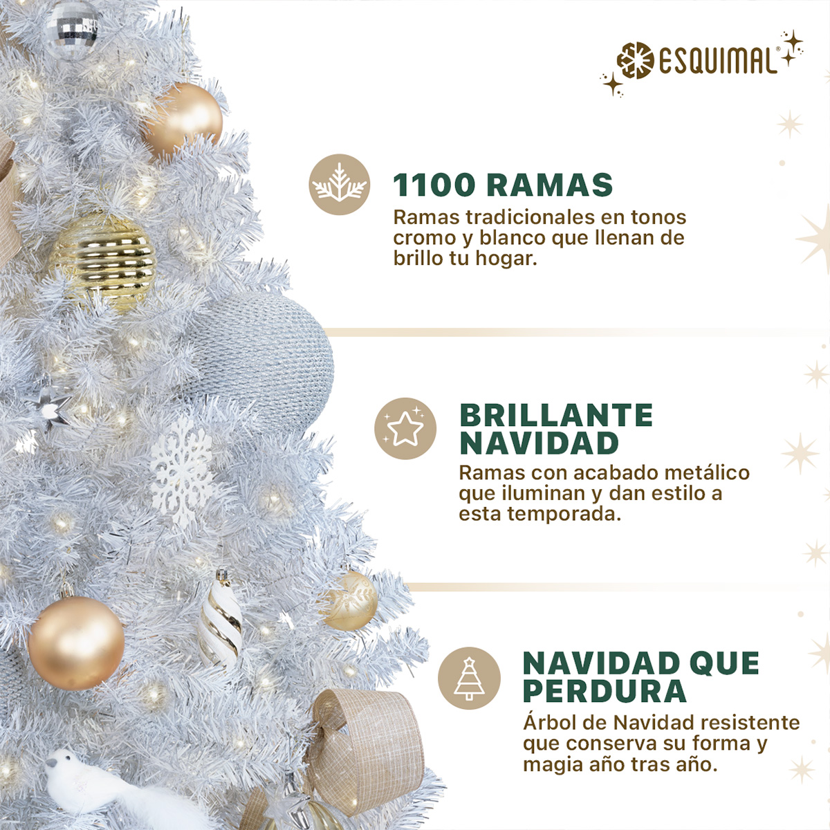 Árbol de Navidad Artificial de 1.9m con 1100 Ramas Metálicas Frondosas Blanco Plateado - ESQUIMAL