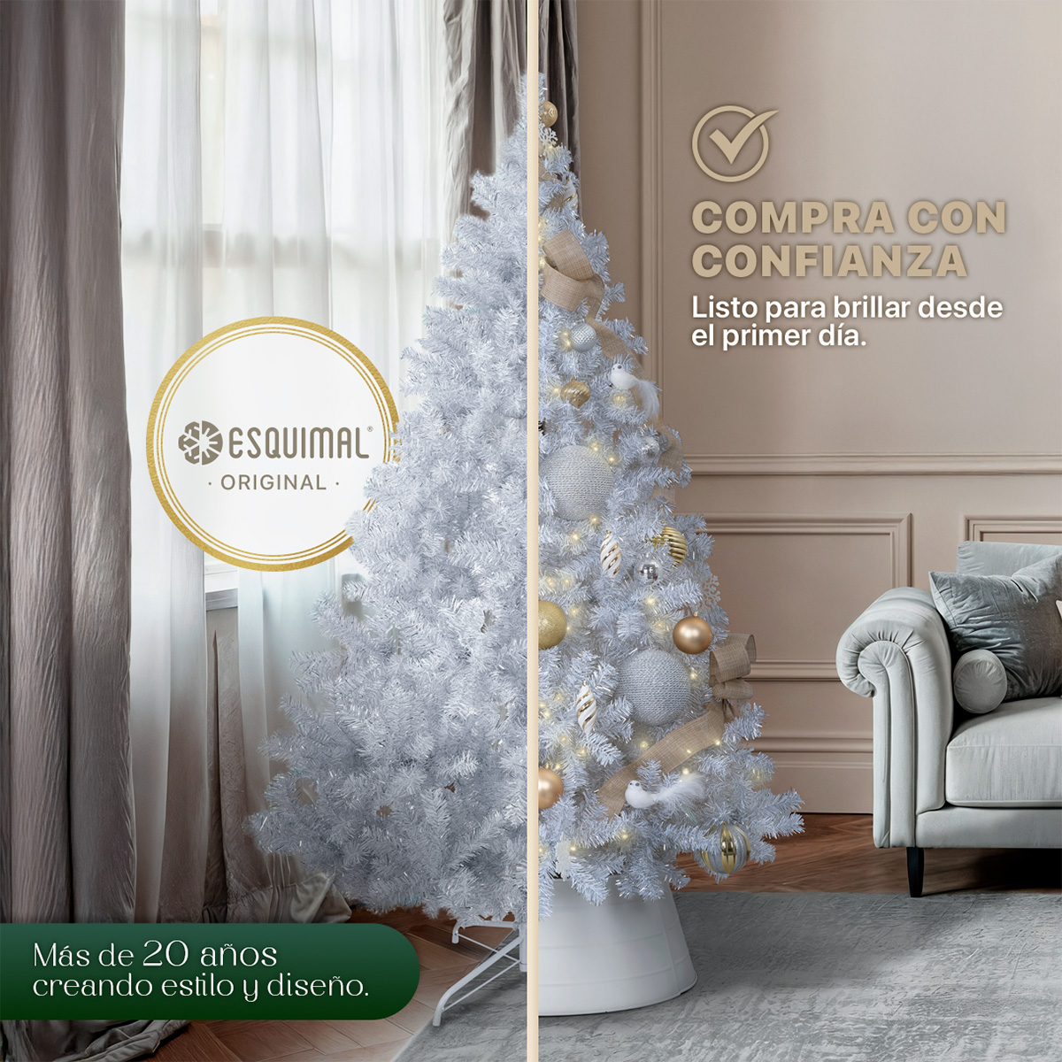 Árbol de Navidad Artificial de 1.9m con 1100 Ramas Metálicas Frondosas Blanco Plateado - ESQUIMAL