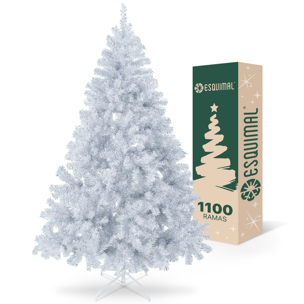 Árbol de Navidad Artificial de 1.9m con 1100 Ramas Metálicas Frondosas Blanco Plateado - ESQUIMAL