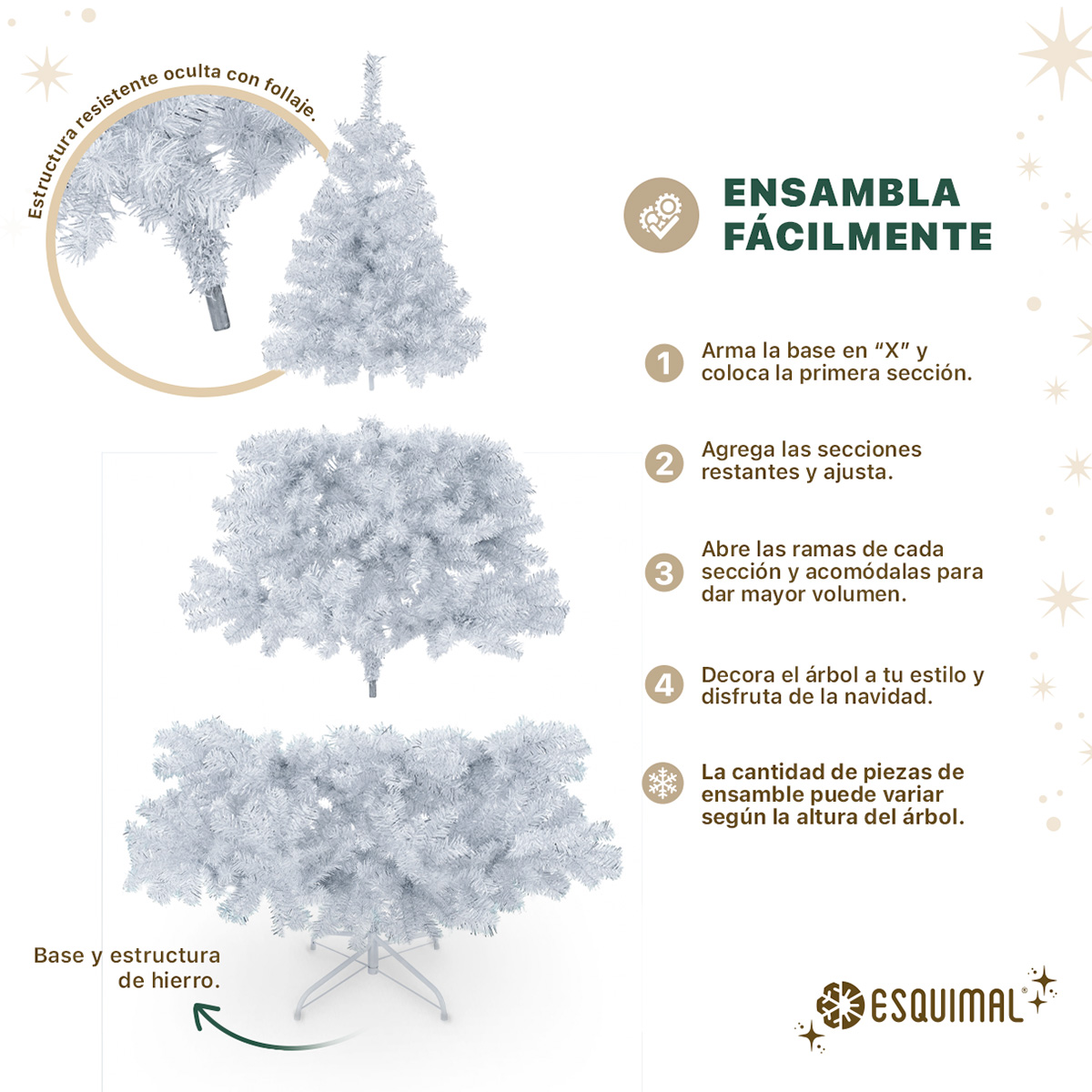 Árbol de Navidad Artificial de 1.9m con 1100 Ramas Metálicas Frondosas Blanco Plateado - ESQUIMAL