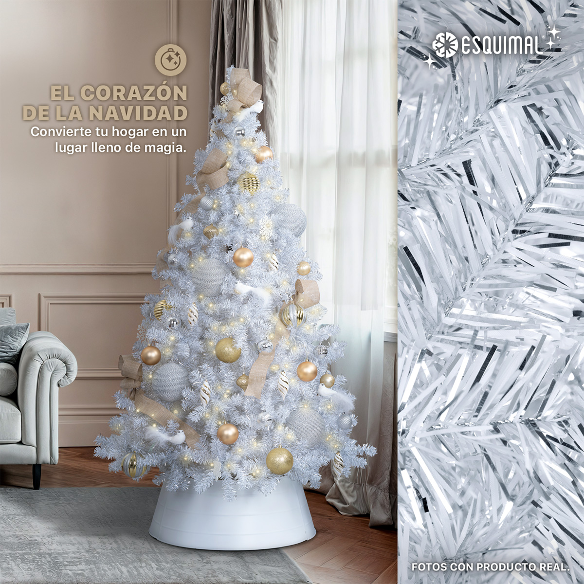 Árbol de Navidad Artificial de 1.9m con 1100 Ramas Metálicas Frondosas Blanco Plateado - ESQUIMAL