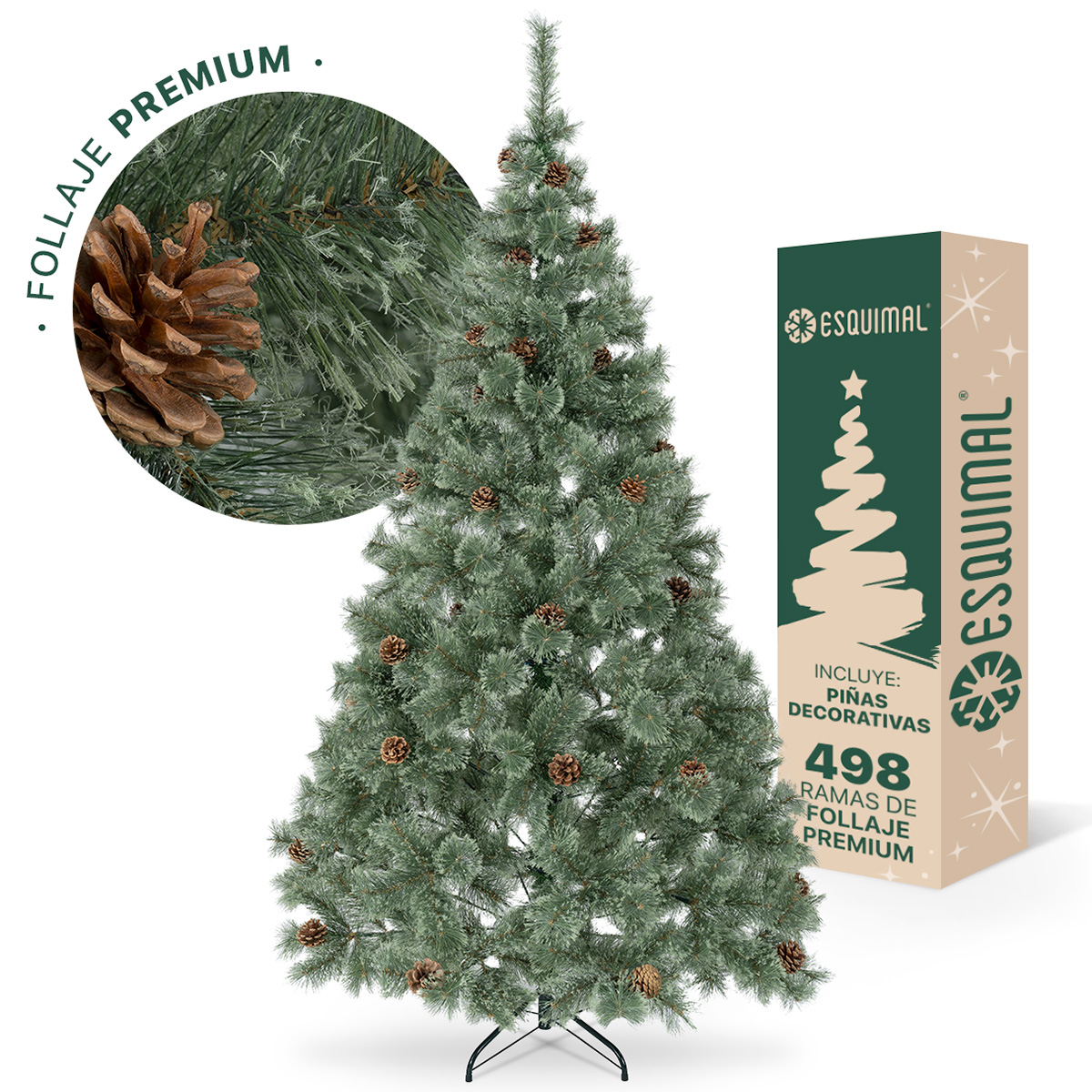 Árbol de Navidad Pino Blanco con Piñas, Apariencia Natural y Realista 2.2 m, 498 Ramas. (Verde olivo) ESQUIMAL