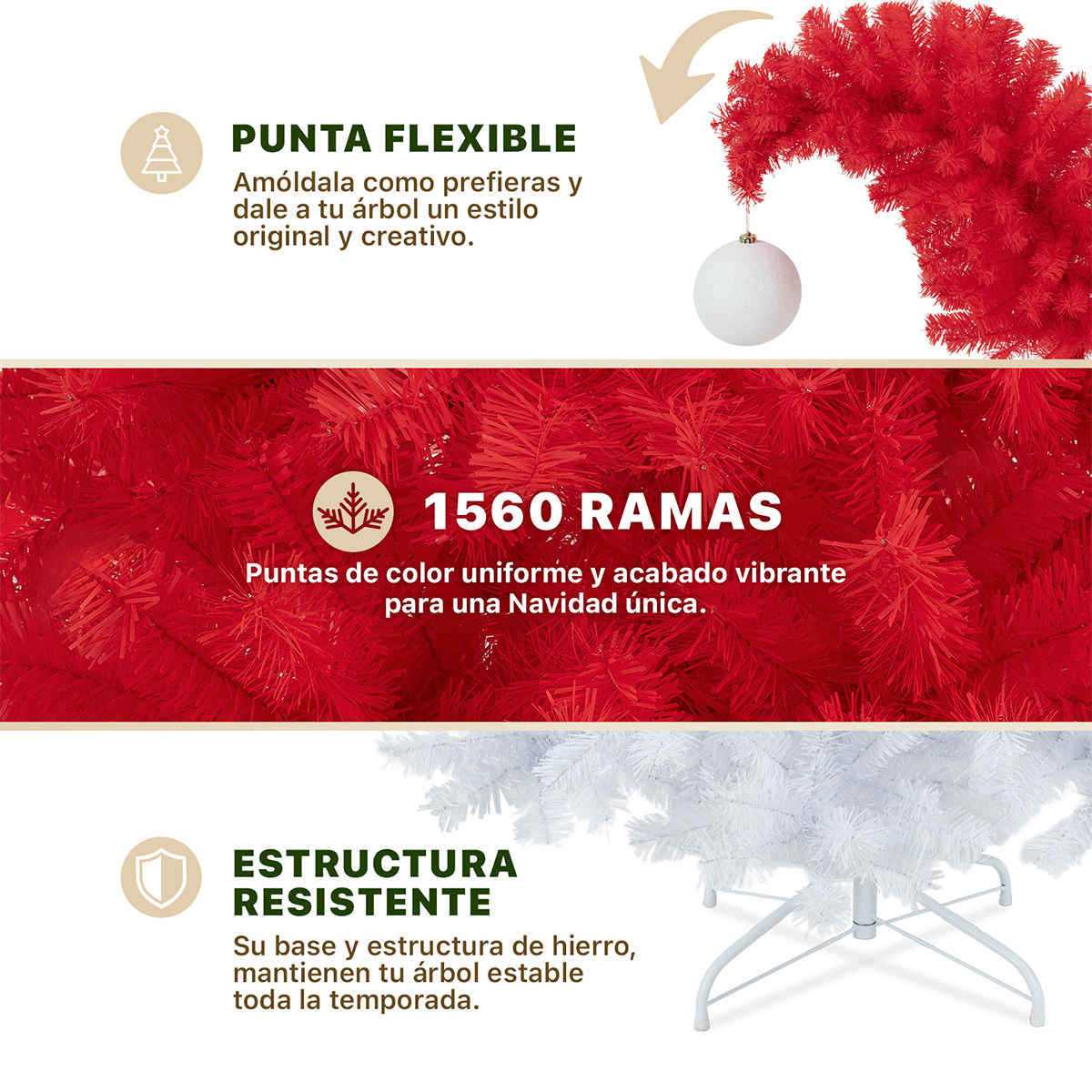 Árbol de Navidad Gorro de Santa Punta Flexible con Esfera 2.1m 1560 Ramas para Temporada Navideña Rojo/Blanco ESQUIMAL