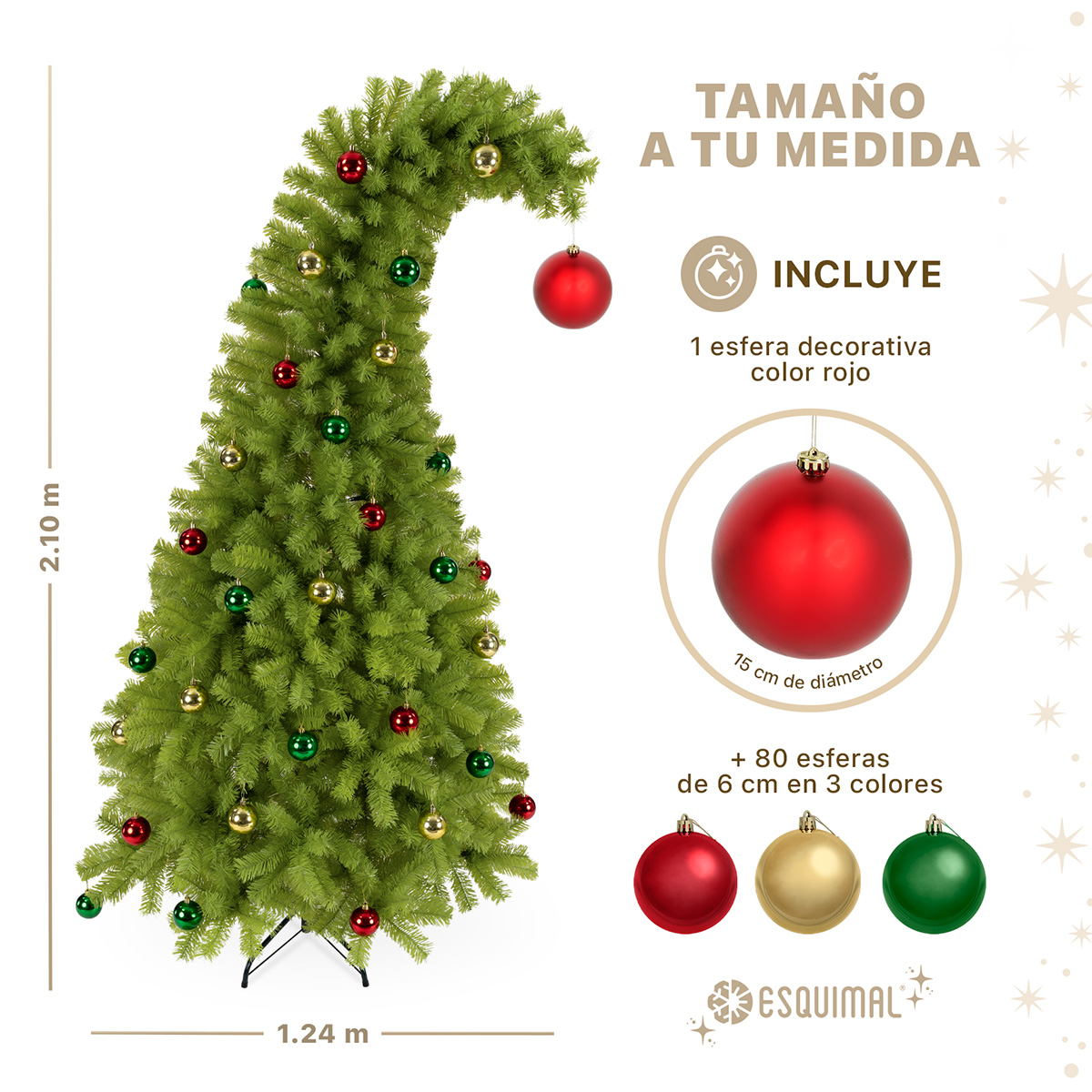 Árbol de Navidad Gorro de Santa Punta Flexible con Esferas 2.1m 1560 Ramas para Temporada Navideña Verde ESQUIMAL