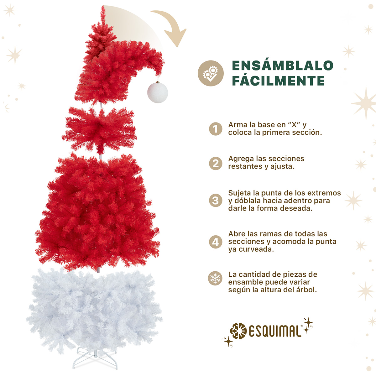 Árbol de Navidad Gorro de Santa Punta Flexible con Esfera 2.1m 1560 Ramas para Temporada Navideña Rojo/Blanco ESQUIMAL