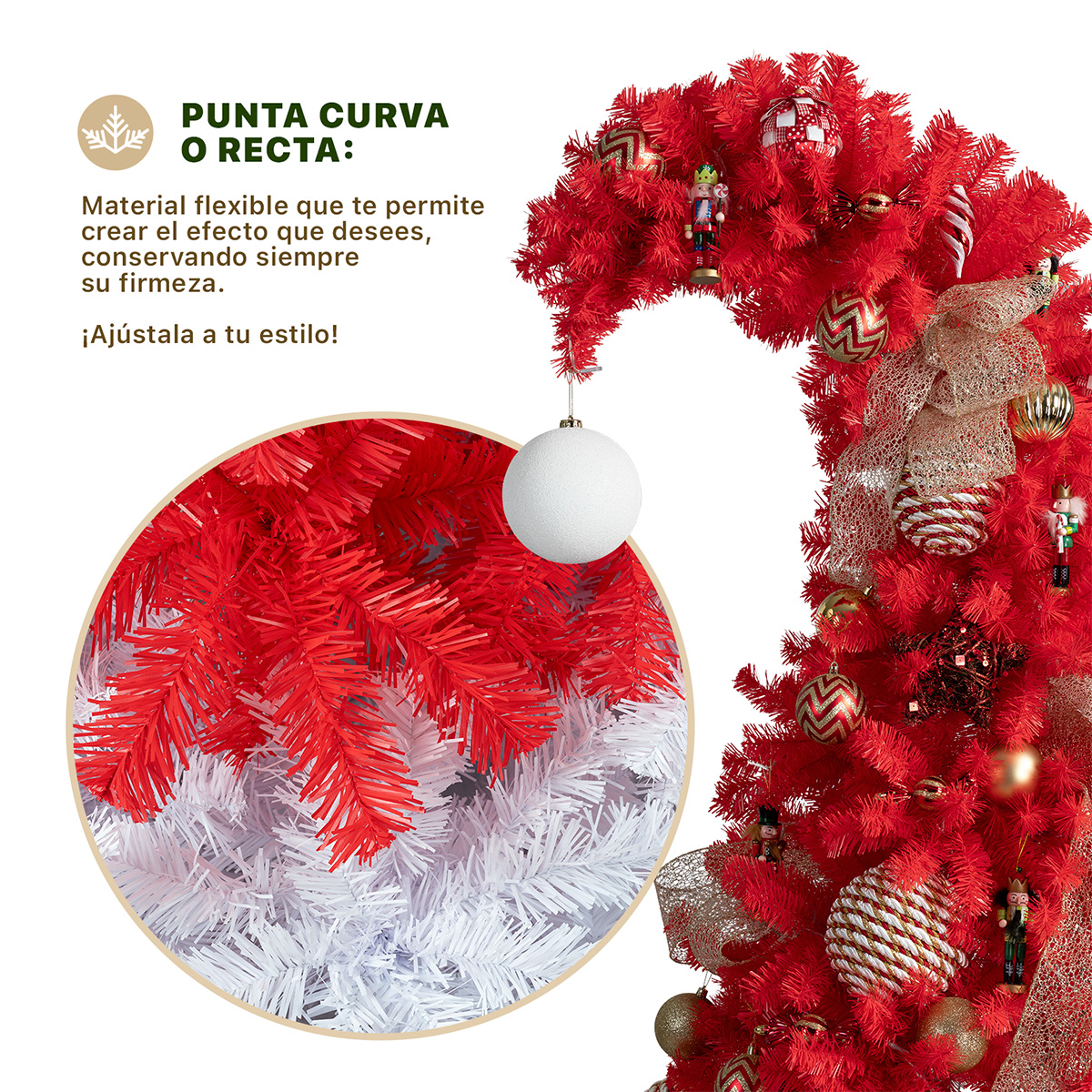 Árbol de Navidad Gorro de Santa Punta Flexible con Esfera 2.1m 1560 Ramas para Temporada Navideña Rojo/Blanco ESQUIMAL