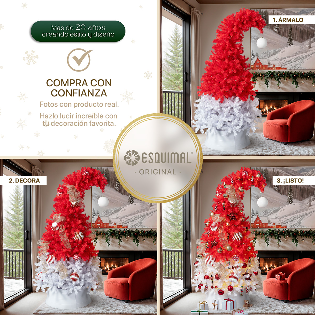 Árbol de Navidad Gorro de Santa Punta Flexible con Esfera 2.1m 1560 Ramas para Temporada Navideña Rojo/Blanco ESQUIMAL