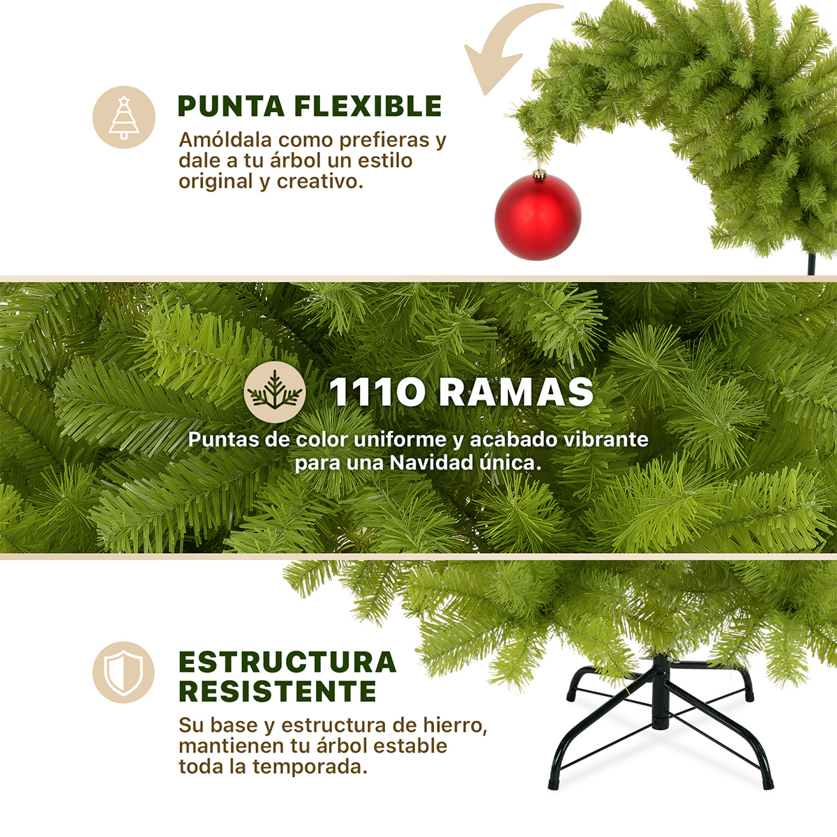 Árbol de Navidad Gorro de Santa Punta Flexible con Esferas 1.8m 1110 Ramas para Temporada Navideña Verde ESQUIMAL
