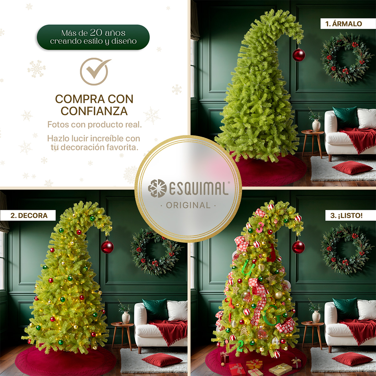 Árbol de Navidad Gorro de Santa Punta Flexible con Esferas 1.8m 1110 Ramas para Temporada Navideña Verde ESQUIMAL