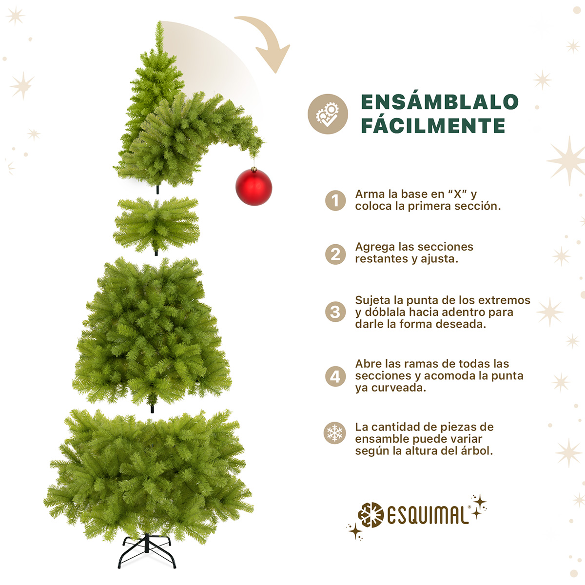 Árbol de Navidad Gorro de Santa Punta Flexible con Esferas 2.1m 1560 Ramas para Temporada Navideña Verde ESQUIMAL