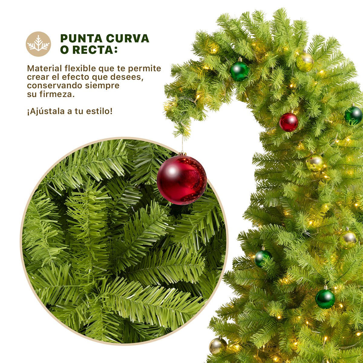 Árbol de Navidad Gorro de Santa Punta Flexible con Esferas 2.1m 1560 Ramas para Temporada Navideña Verde ESQUIMAL